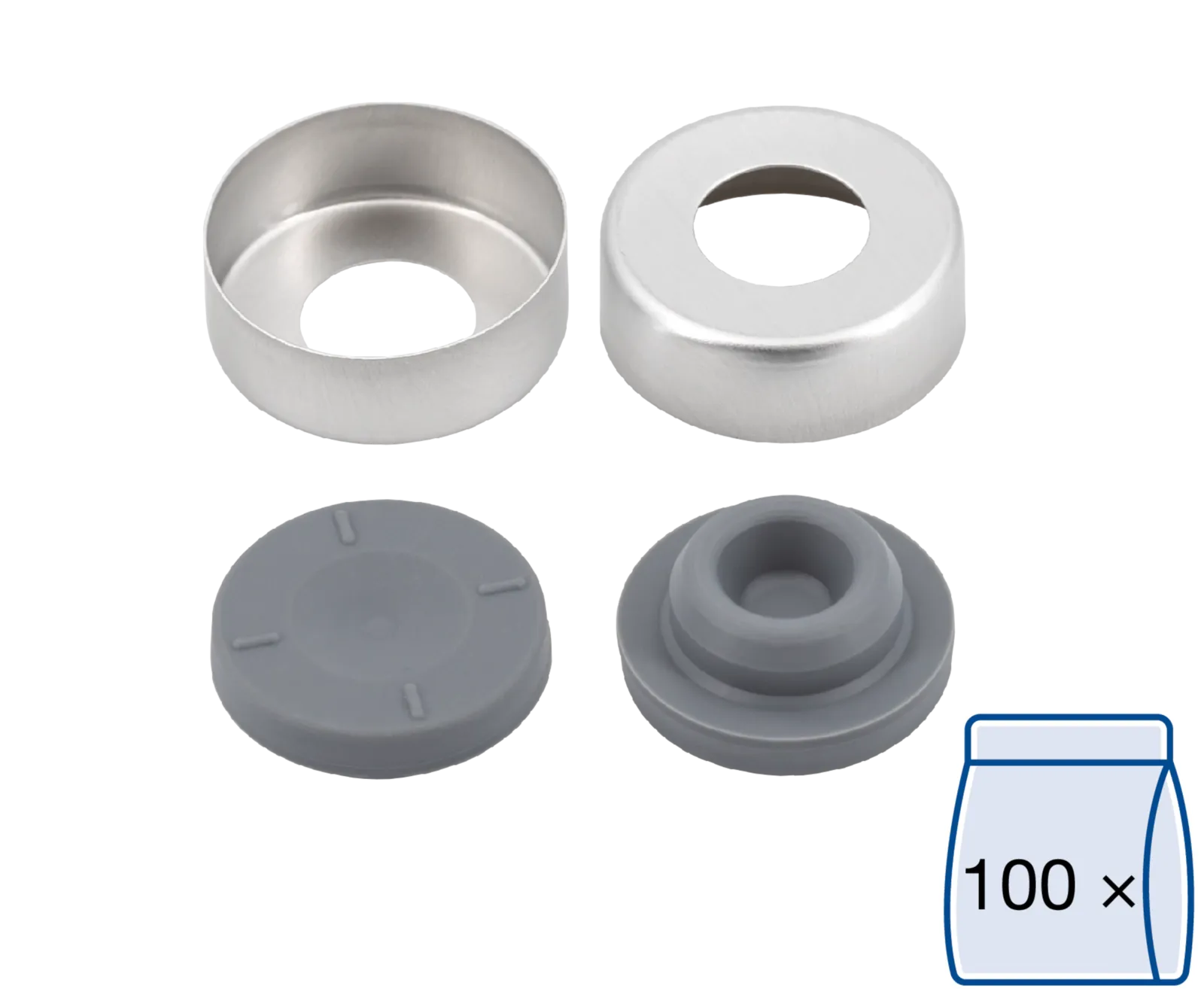 N 20 Aluminium crimp cap, silver, center hole Bromobutyl stopper, gray Hardness: 50° shore A (unassembled) pack of 100