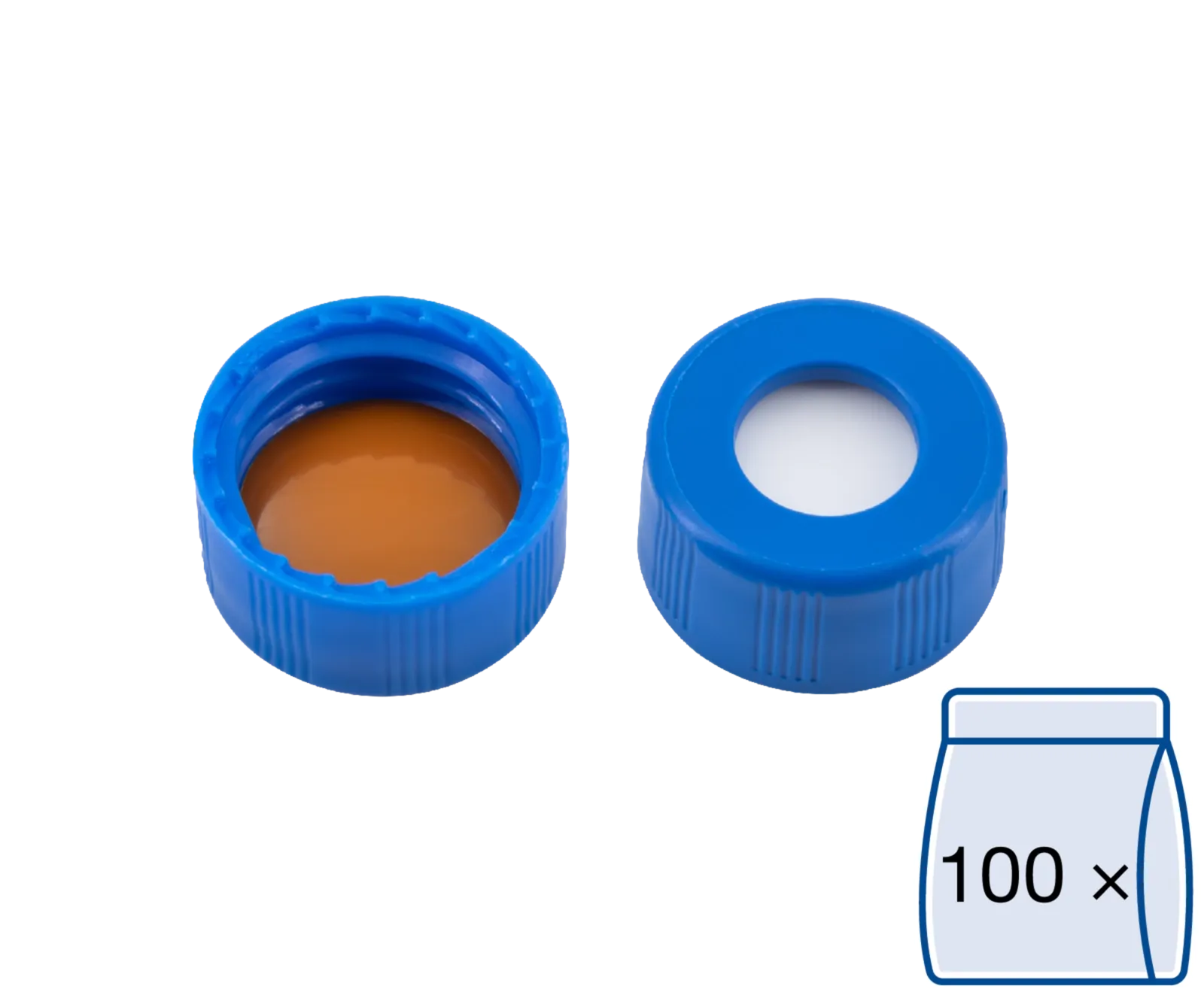 N 9 PP screw cap, blue, center hole Silicone white/Polyimide orange Hardness: 45° shore A Thickness: 1.0 mm pack of 100