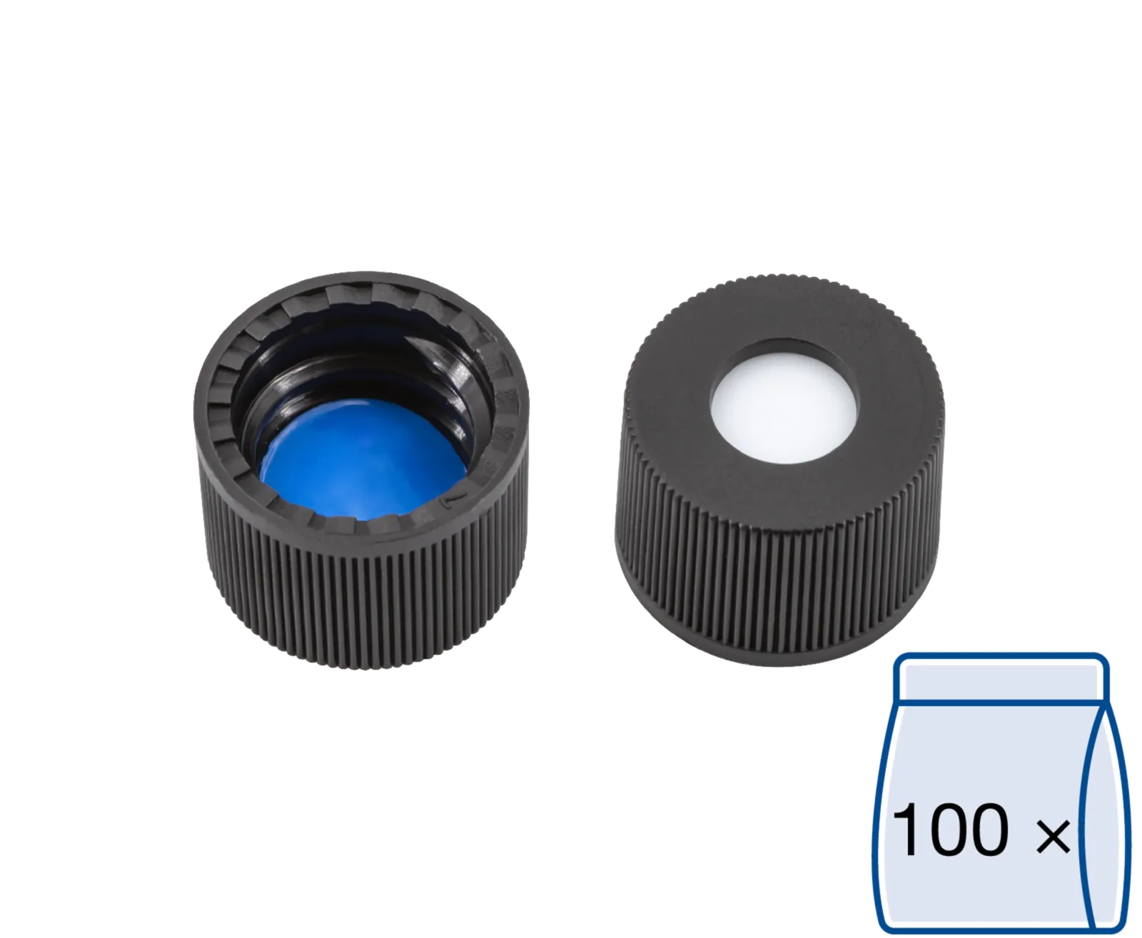 N 8 PP screw cap, black, center hole Silicone white/PTFE blue, slit Hardness: 55° shore A Thickness: 1.0 mm pack of 100