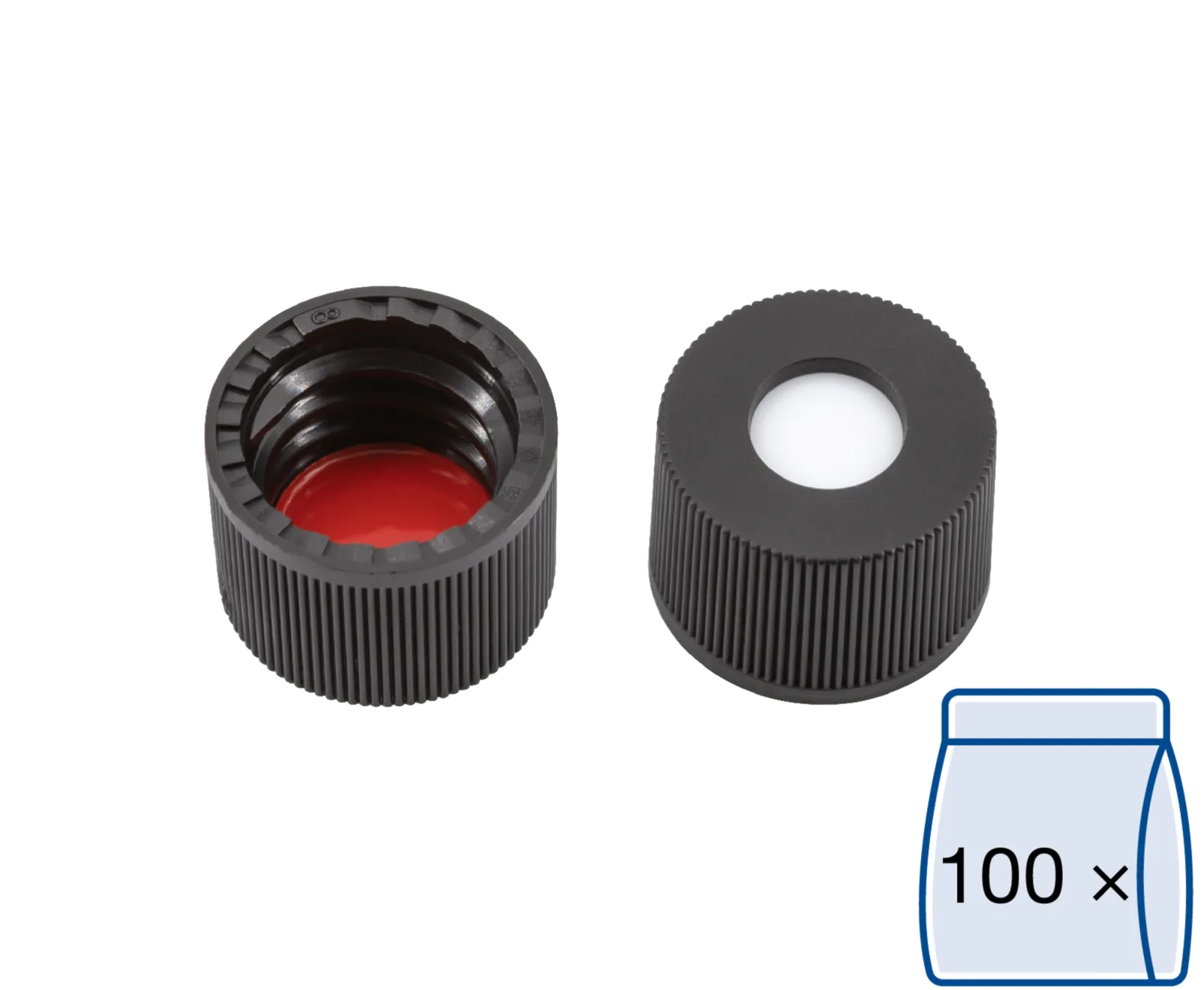 N 8 PP screw cap, black, center hole Silicone white/PTFE red Hardness: 45° shore A Thickness: 1.3 mm pack of 100