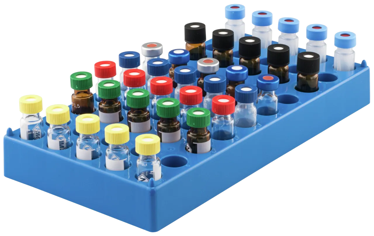 PP Vial Rack, 50 Position, Stackable, Diameter 12 mm , Fits 11.6 × 32 mm Vials