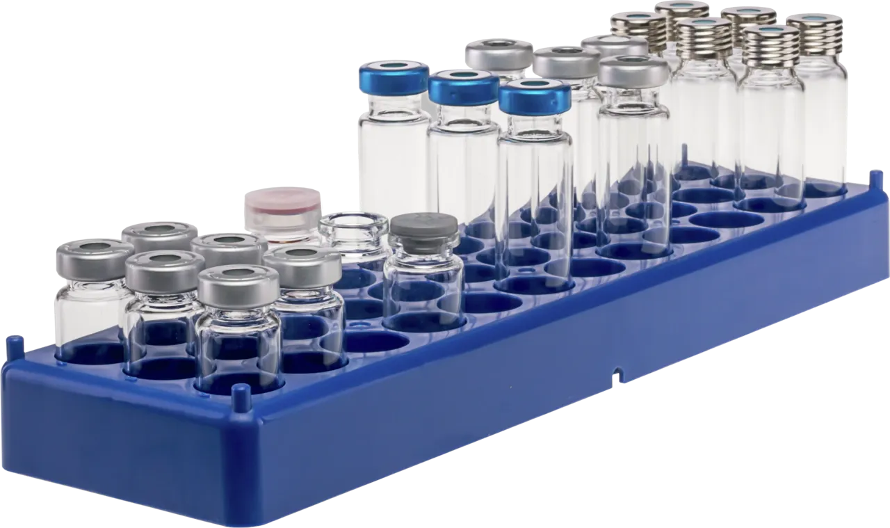 36 position polypropylene vial rack blue, coded for all vials with a diameter of 23.1 mm max. and flat bottom Dimensions: 323 x 91 x 30 mm stackable pack of 5