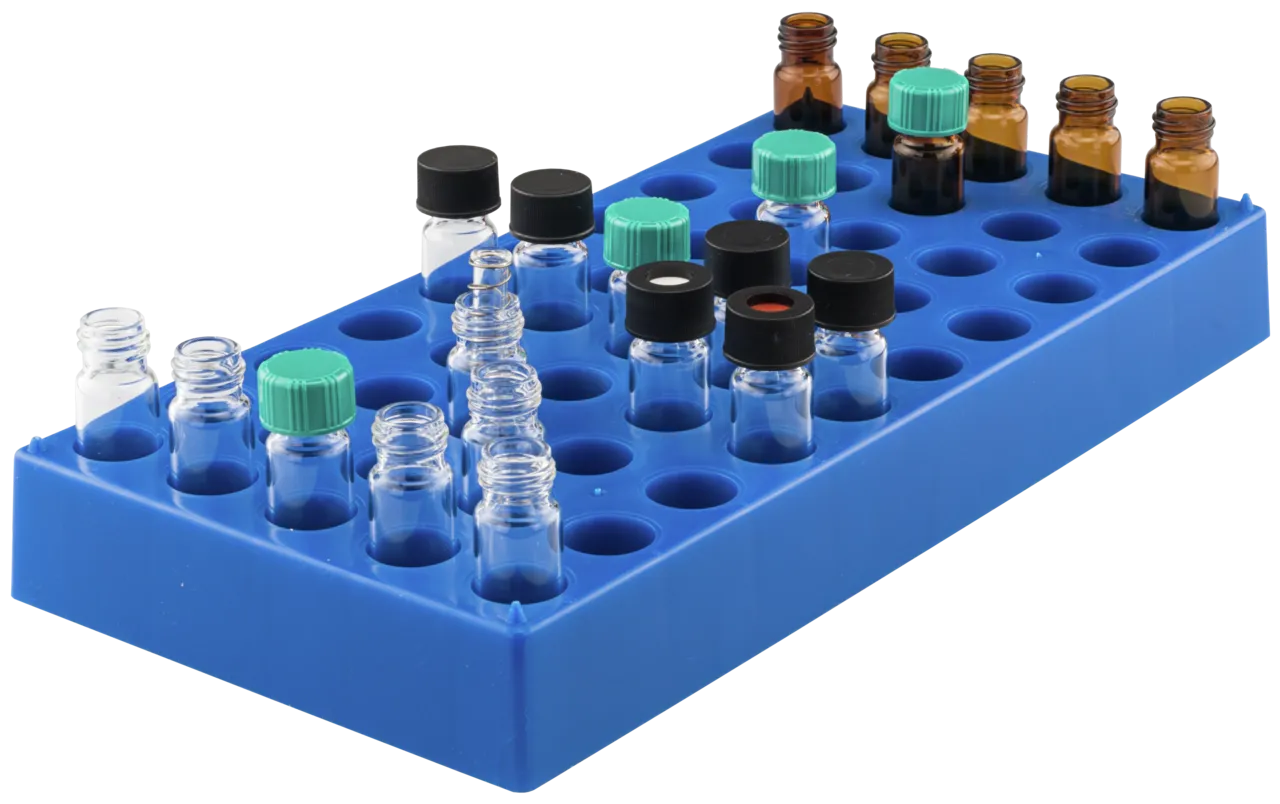 50 position polypropylene vial rack blue for all vials with a diameter of 15 mm max. and flat bottom Dimensions: 240 x 120 x 28 mm stackable pack of 1