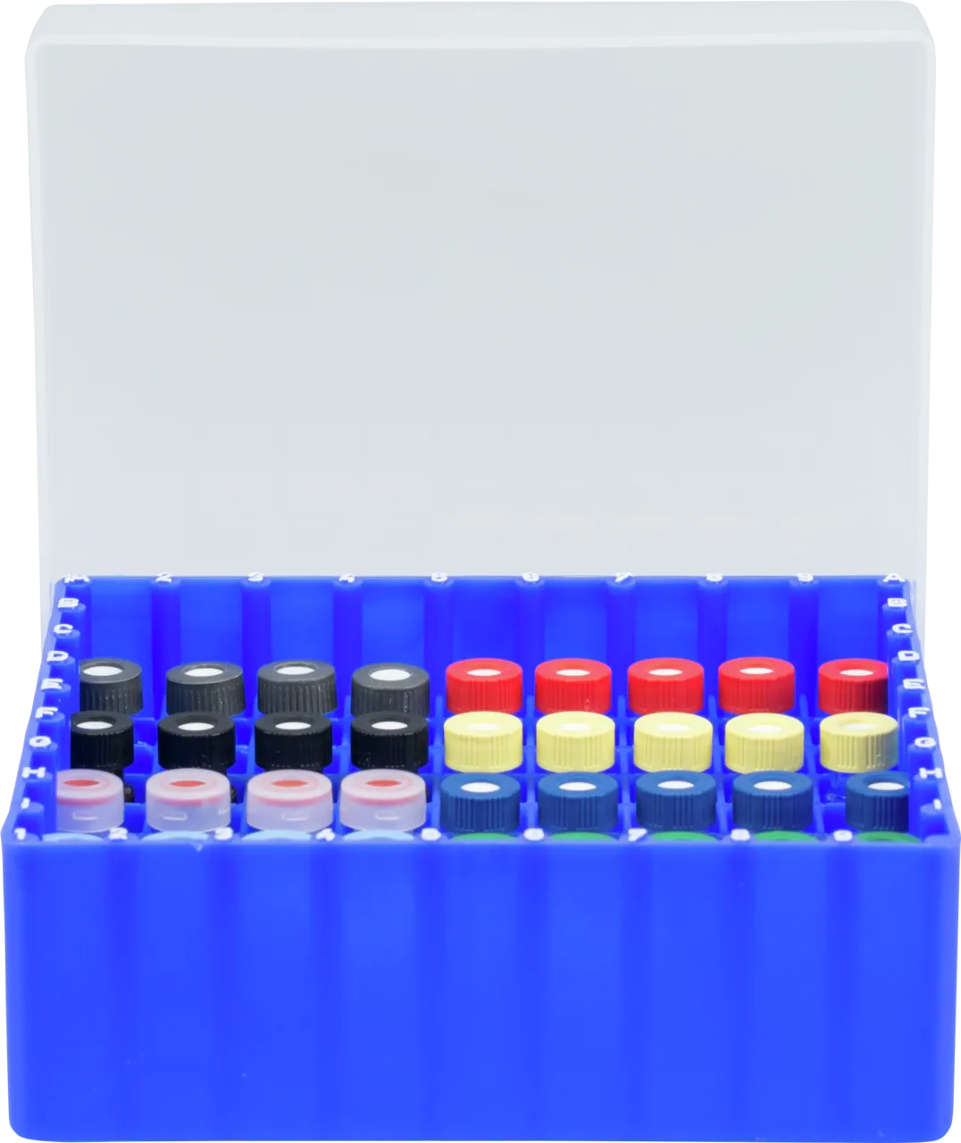 81 Position Container, blue, firmly integrated divider for screw neck vials N 8, N 9, N 10 and crimp/snap ring vials N 11, with transparent coded lid, 130 × 130 × 45 mm, suitable for freezers, pack of 1