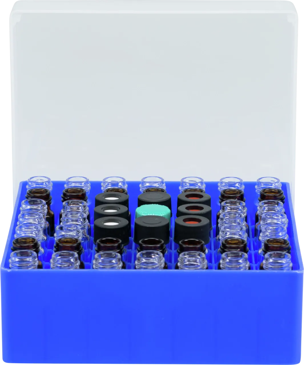 49 Position Container, blue, firmly integrated divider for screw neck vials N 13, with transparent lid, 130 × 130 × 50 mm, suitable for freezers, pack of 1