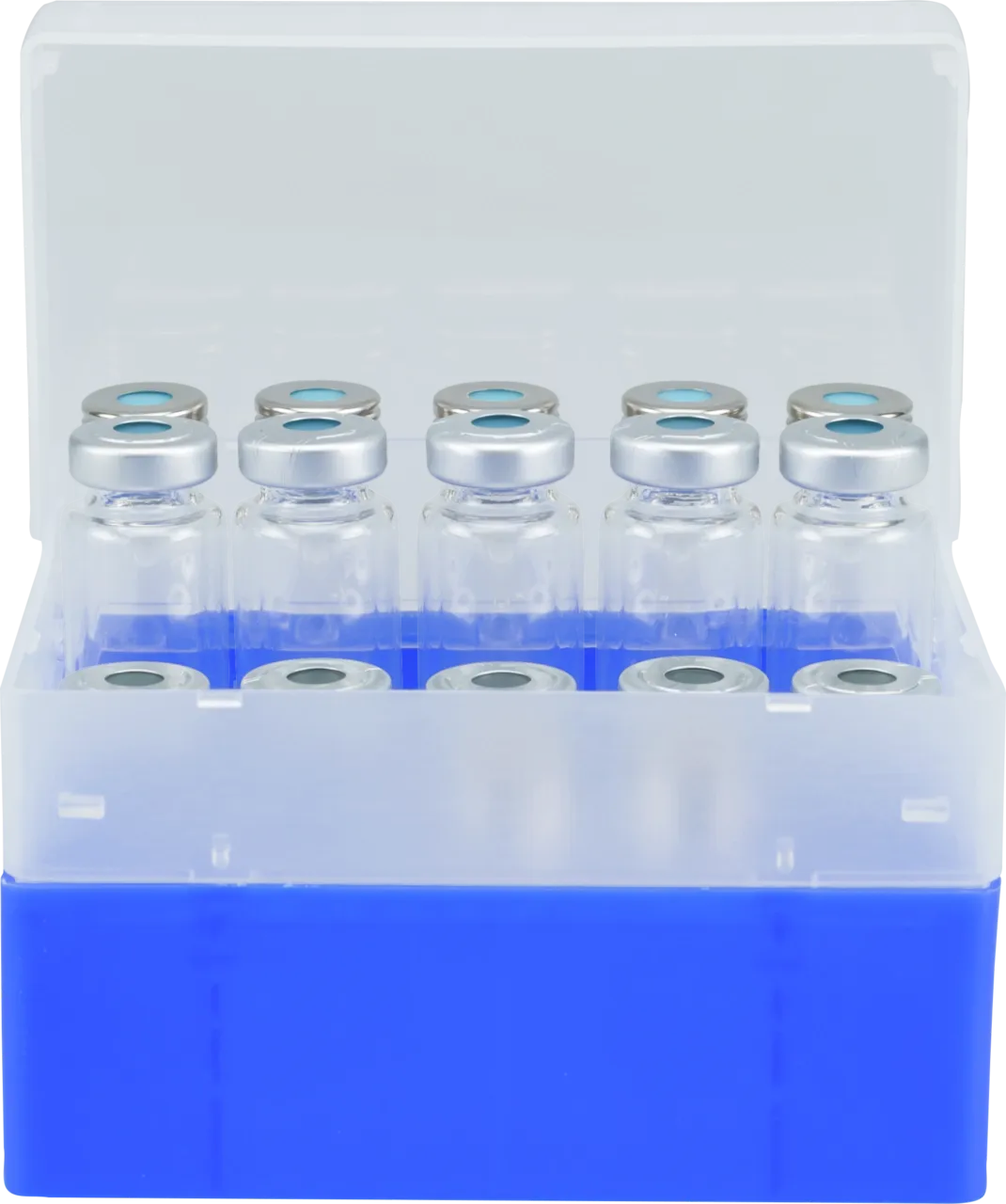 25 Position Container, blue, removable divider for screw neck vials N 18 and crimp neck vials N 20, with transparent lid, 130 × 130 × 80 mm, suitable for freezers, pack of 1