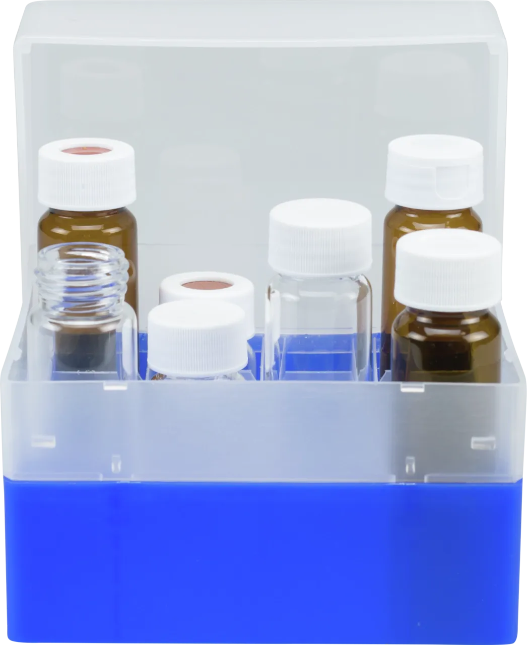 16 Position Container, blue, removable divider for screw neck vials N 24 (20 mL, 30 mL, 40 mL), with transparent lid, 130 × 130 × 102 mm, suitable for freezers, pack of 1