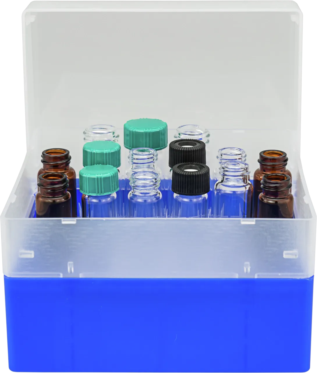 36 Position Container, blue, removable divider for screw neck vials N 15 (sample storage: 702096, 702311, 70285, 702097), with transparent lid, 130 × 130 × 80 mm, suitable for freezers, pack of 1