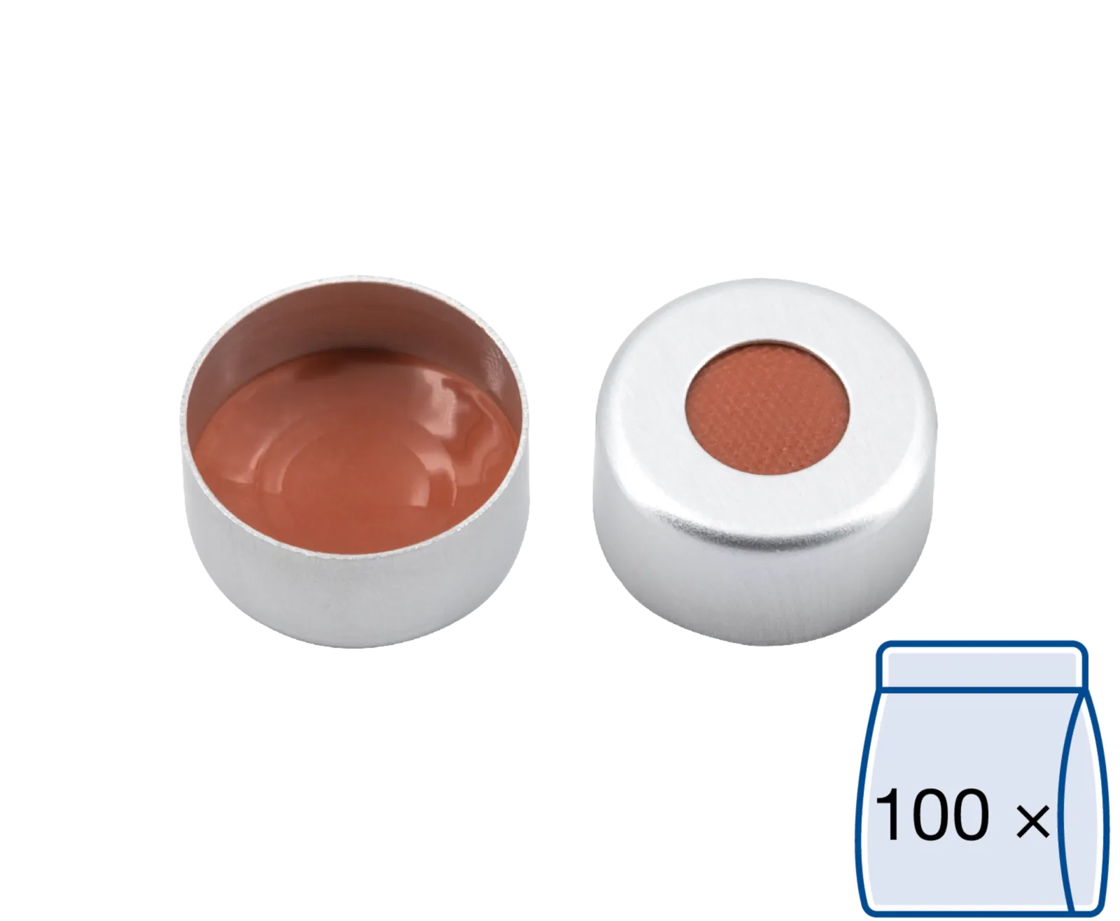 N 11 Aluminium Crimp Cap, silver, center hole, Natural Rubber/Butyl red-orange/TEF colorless, Hardness: 45° shore A, Thickness: 1.0 mm, pack of 100