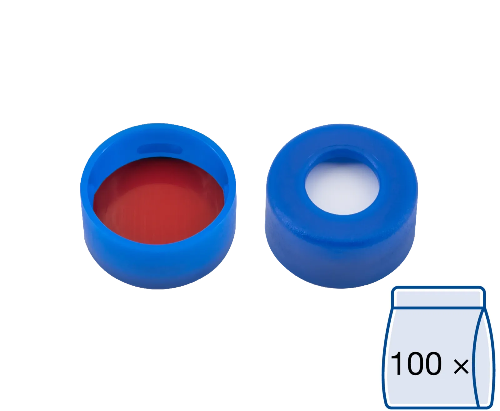 N 11 PE snap ring cap, blue, center hole Silicone white/PTFE red Hardness: 45° shore A Thickness: 1.0 mm pack of 100