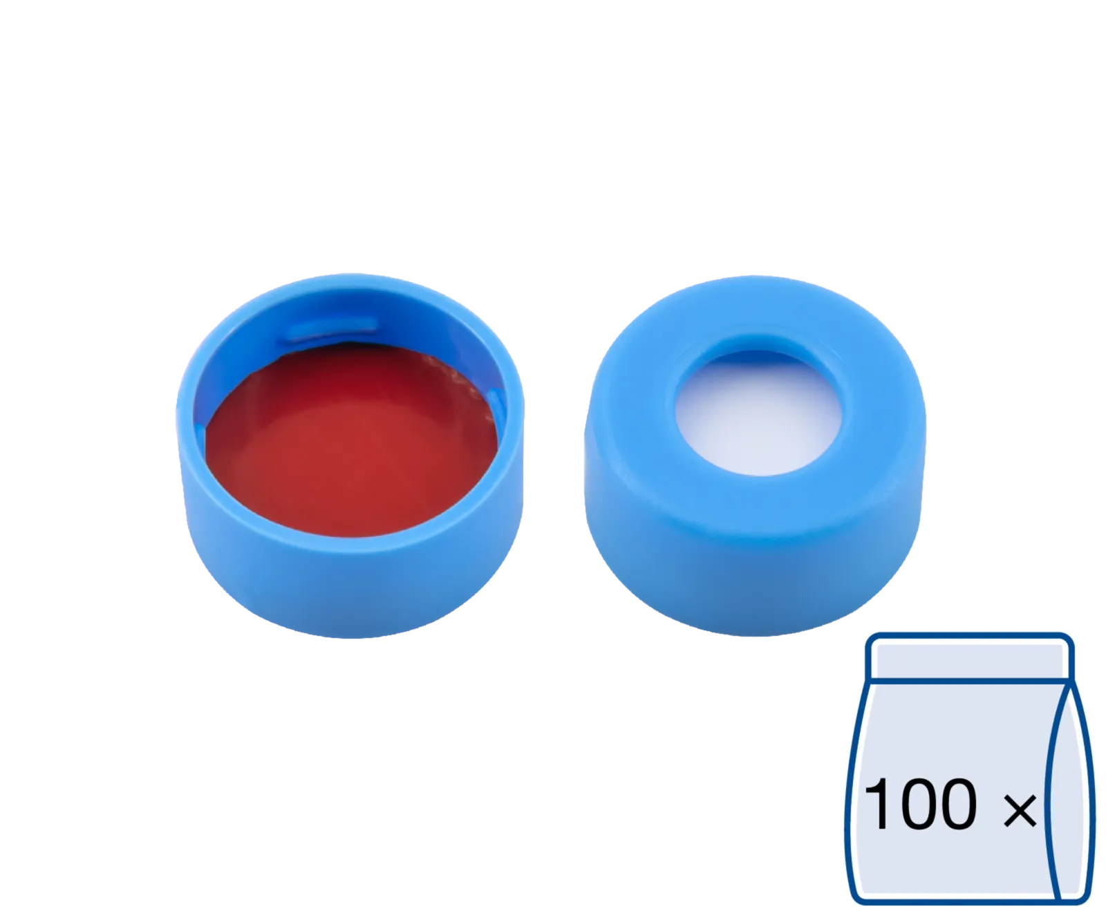 N 11 PE snap ring cap, soft, light blue, center hole Silicone white/PTFE red Hardness: 45° shore A Thickness: 1.0 mm pack of 100