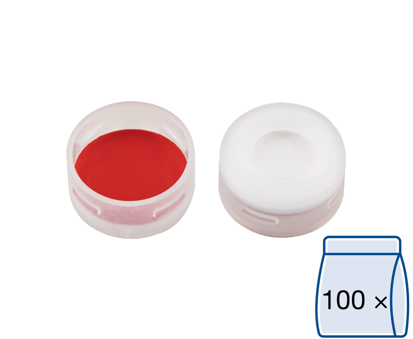 N 11 PE snap ring cap, transparent, center hole Silicone white/PTFE red Hardness: 45° shore A Thickness: 1.0 mm pack of 100