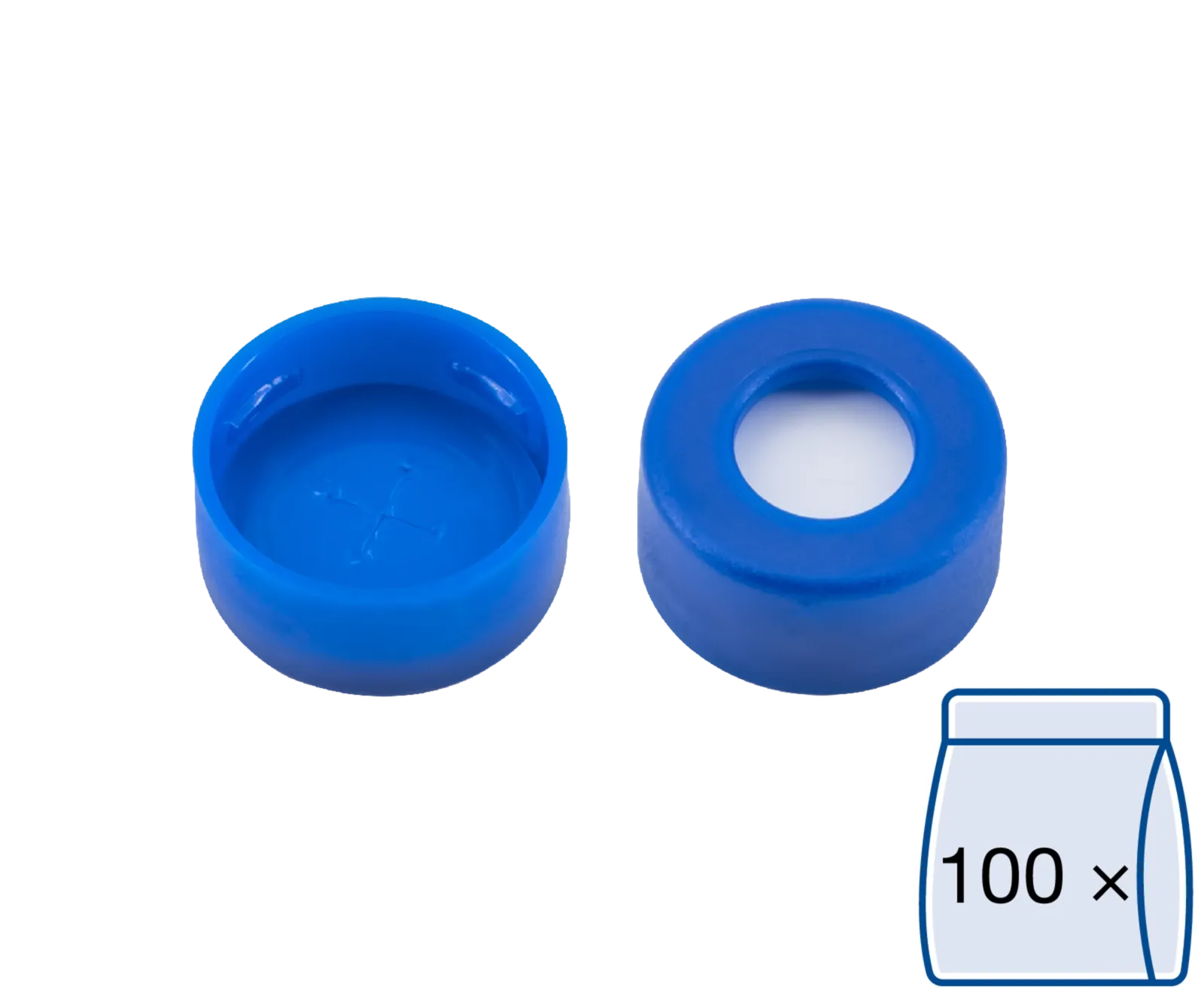 N 11 PE snap ring cap, blue, center hole Silicone white/PTFE blue, cross-slit Hardness: 55° shore A Thickness: 1.0 mm pack of 100
