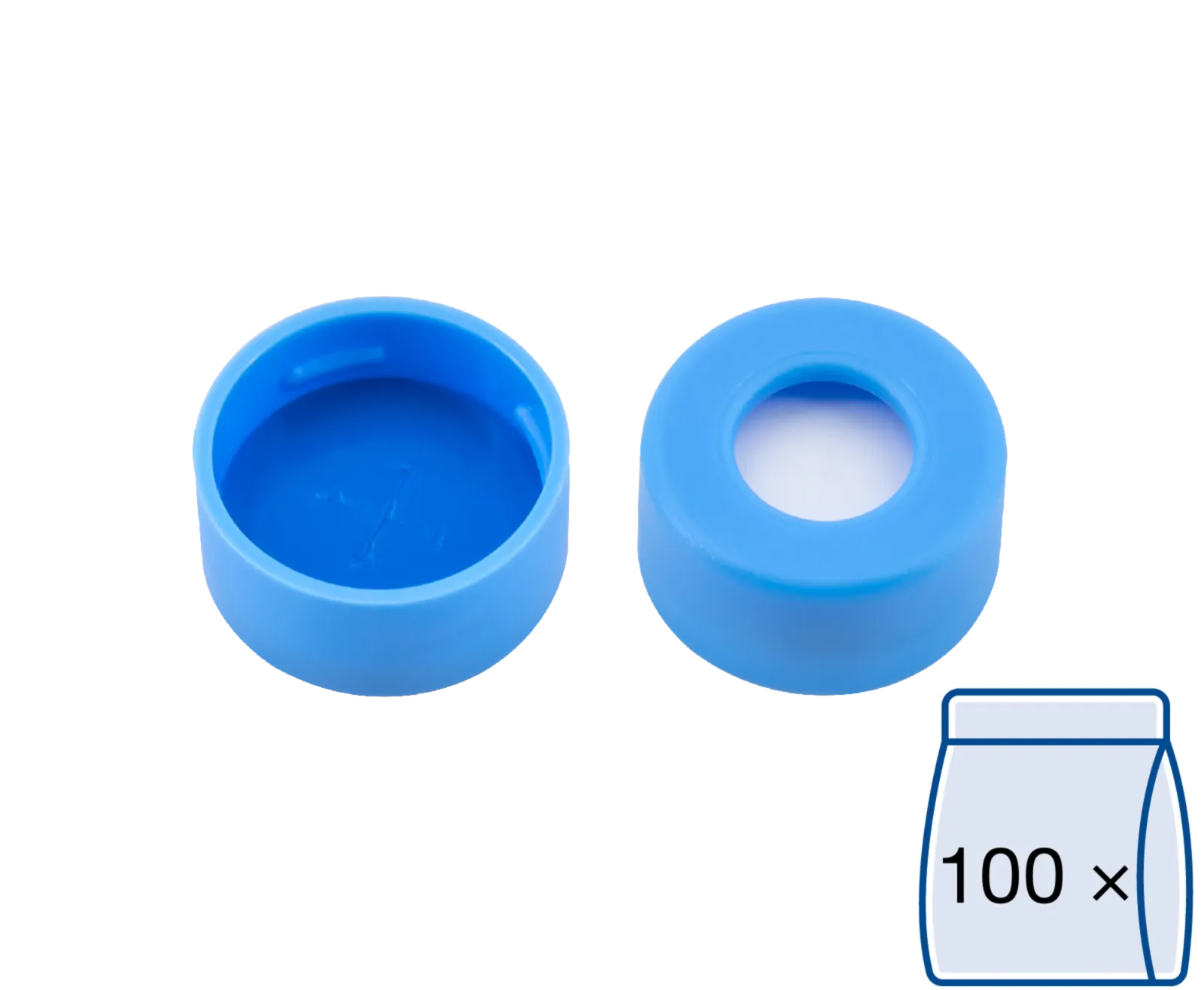 N 11 PE snap ring cap, soft, light blue, center hole Silicone white/PTFE blue, cross-slit Hardness: 55° shore A Thickness: 1.0 mm pack of 100