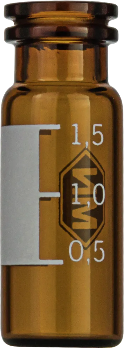 Combipack 702712: 1.5 mL Snap Ring Vial N 11 amber, label + scale, with 702731 N 11 PE Snap Ring Cap transparent, center hole, Red Rubber/FEP, Hardness: 45° shore A, Thickness: 1.0 mm, pack of 1000 each