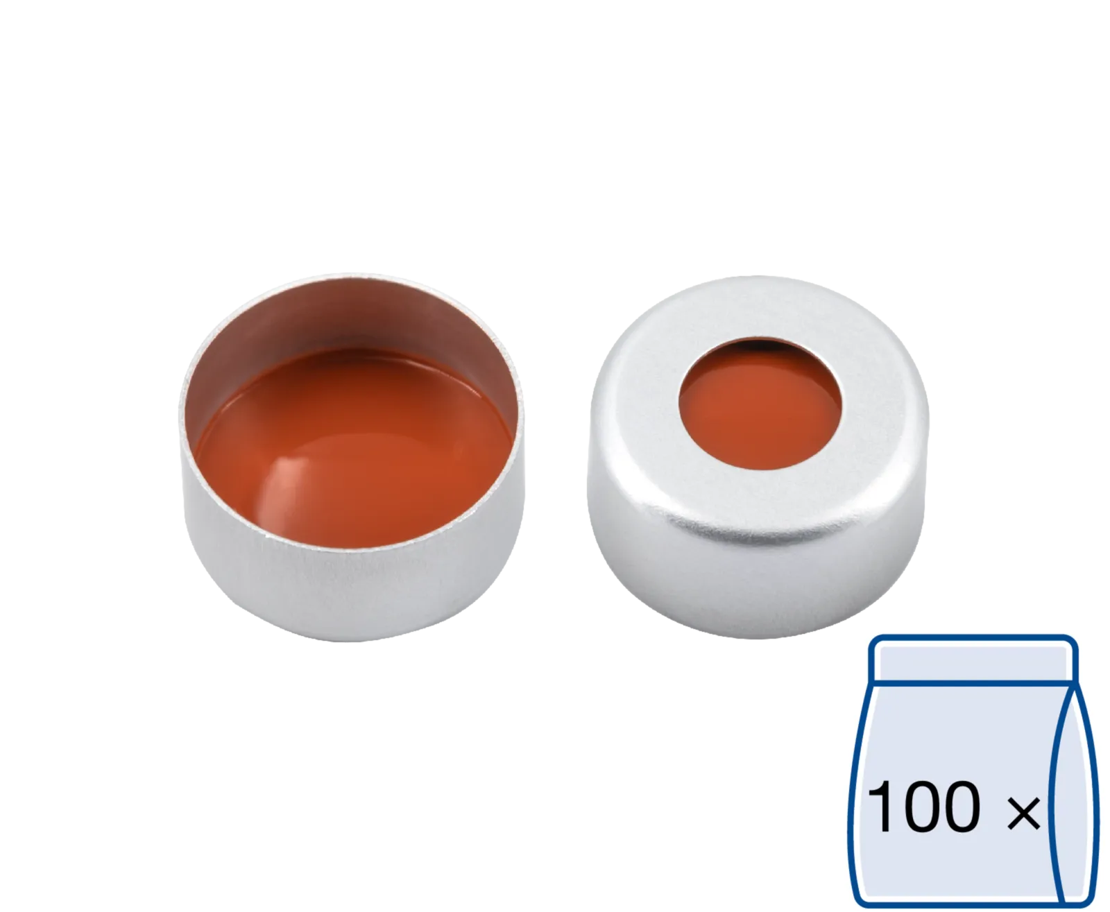 N 11 Aluminium crimp cap, silver, center hole Red Rubber/FEP colorless Hardness: 45° shore A Thickness: 1.0 mm pack of 100
