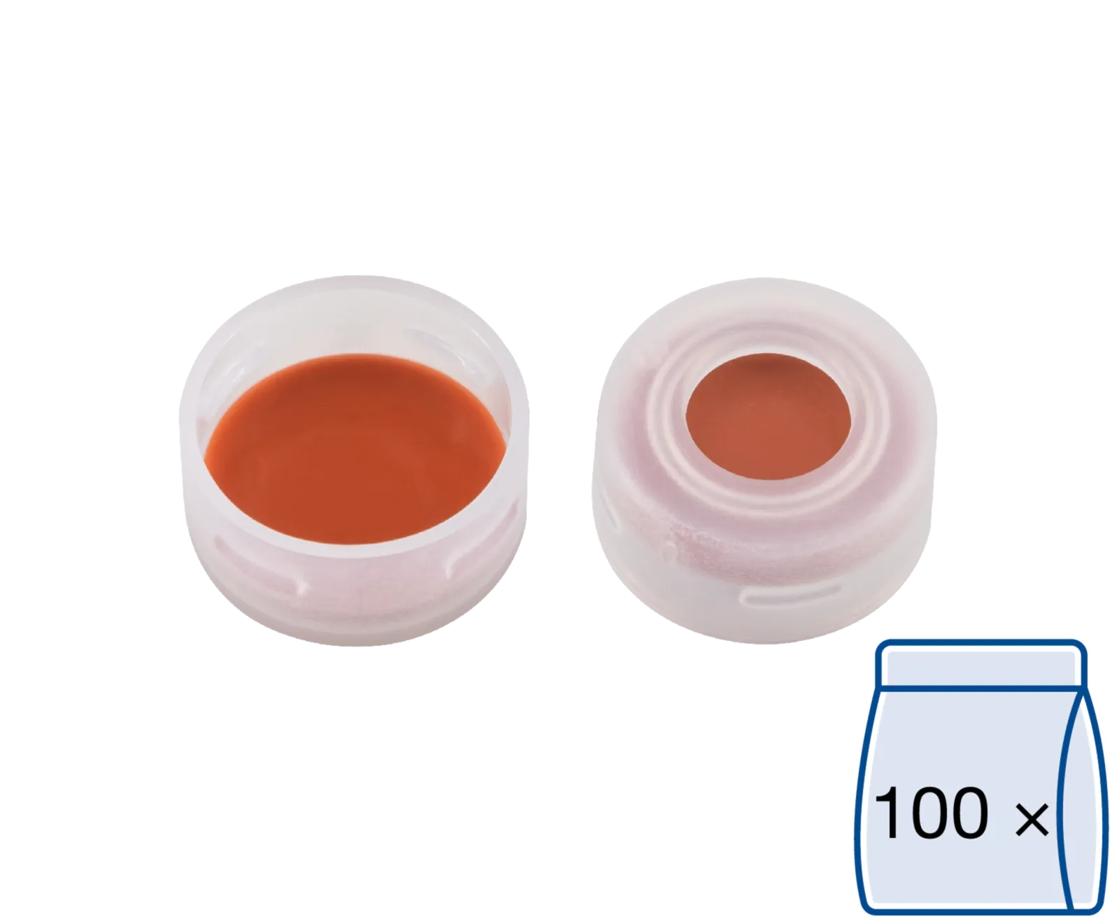 N 11 PE snap ring cap, transparent, center hole Red Rubber/FEP colorless Hardness: 45° shore A Thickness: 1.0 mm pack of 100