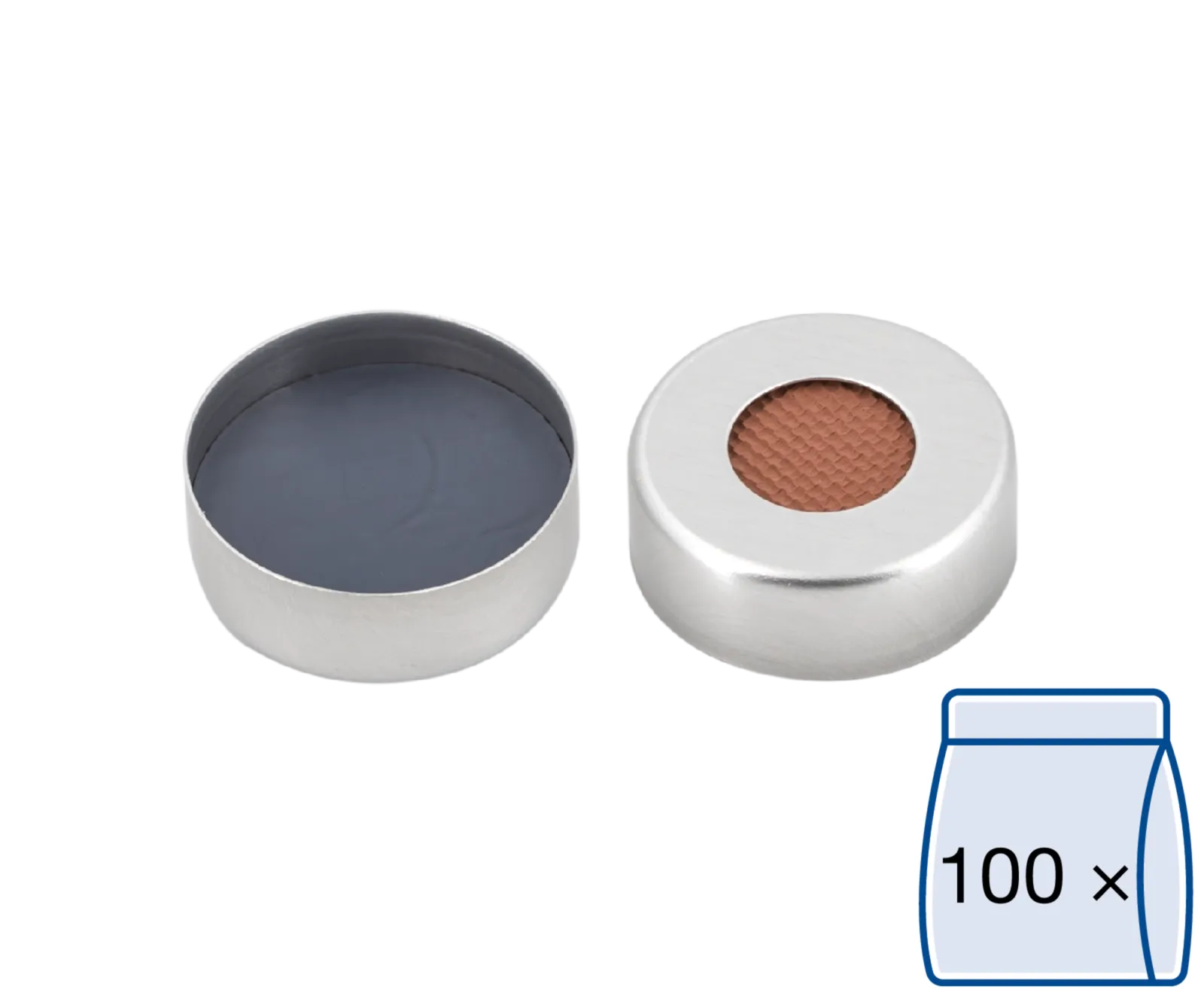 N 20 Aluminium crimp cap, silver, center hole Butyl red/PTFE gray Hardness: 50° shore A Thickness: 3 mm pack of 100