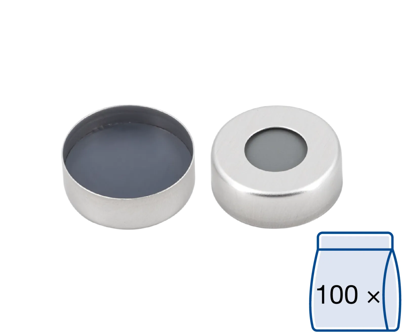 N 20 Aluminium crimp cap, silver, center hole Butyl light gray/PTFE dark gray Hardness: 50° shore A Thickness: 3 mm pack of 100