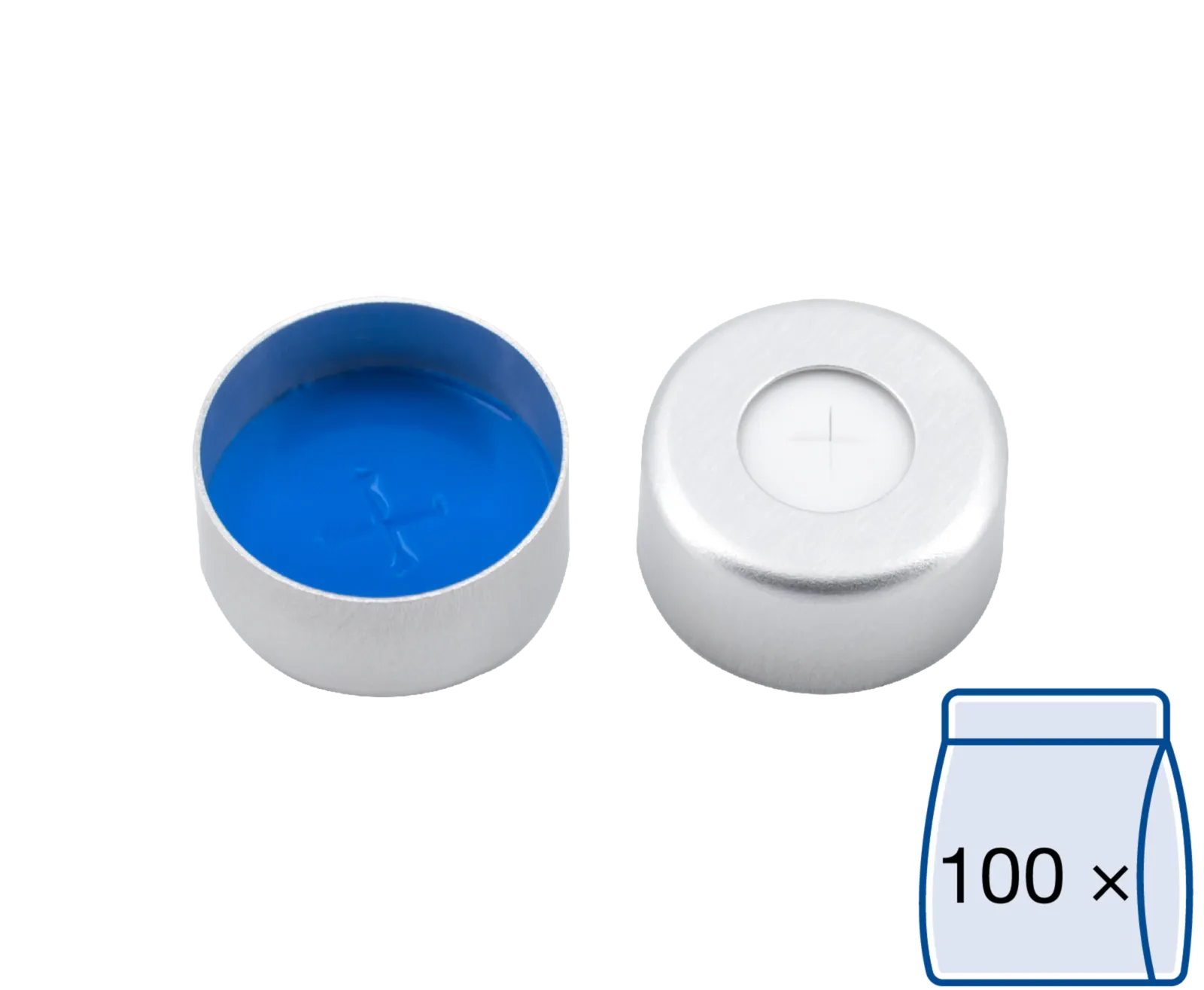 N 11 Aluminium crimp cap, silver, center hole Silicone white/PTFE blue, cross-slit Hardness: 55° shore A Thickness: 1.5 mm pack of 100