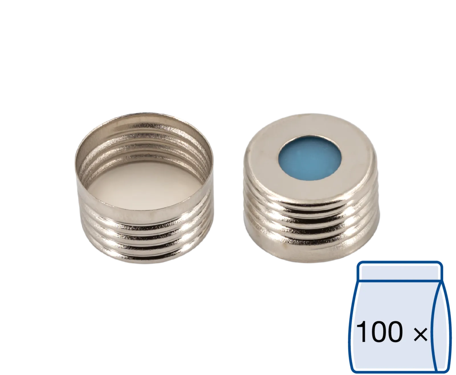 N 18 magnetic screw cap, silver, center hole Silicone blue transparent/PTFE white Hardness: 45° shore A Thickness: 1.5 mm pack of 100