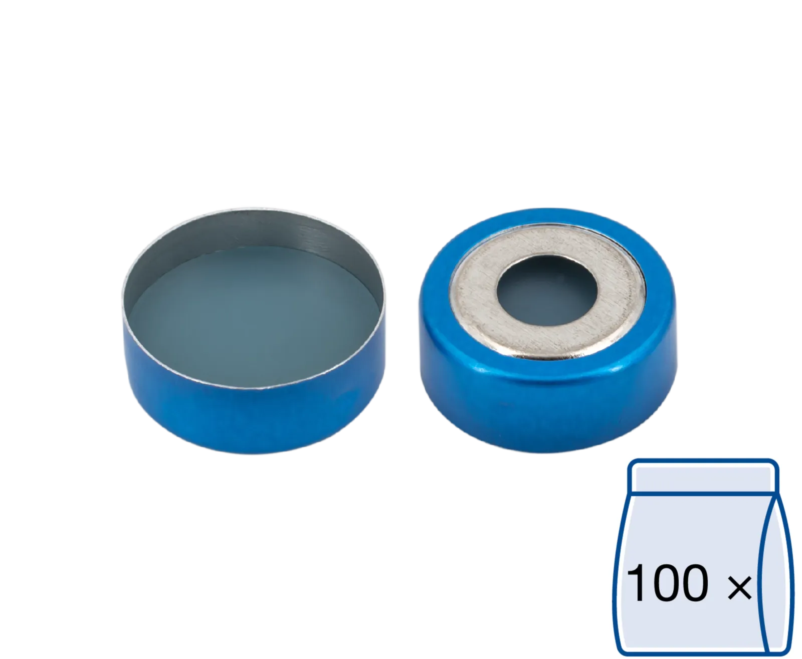 N 20 bimetal crimp cap, blue/silver, center hole Silicone blue transparent/PTFE colorless Hardness: 45° shore A Thickness: 3 mm pack of 100