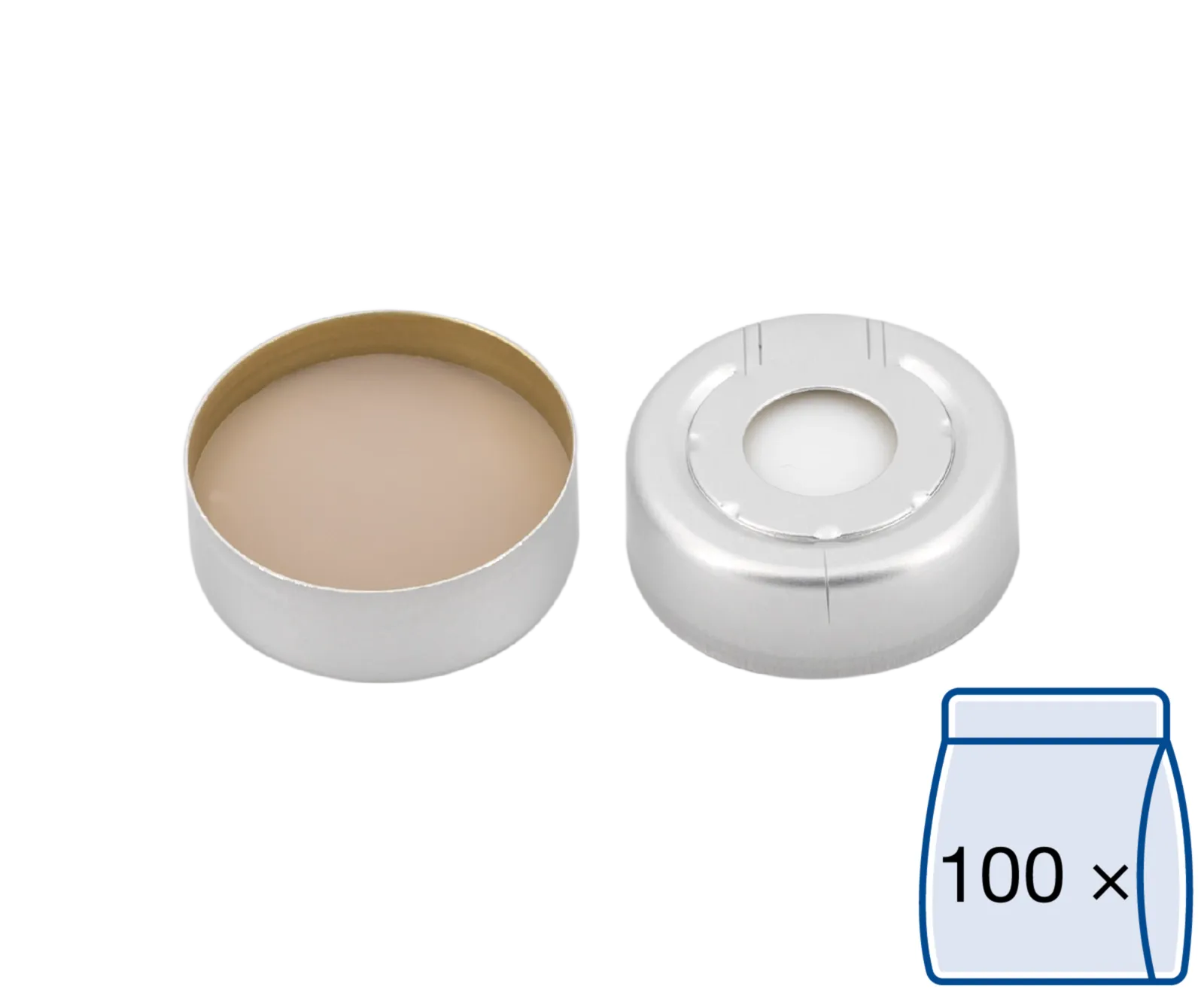 N 20 Aluminium pressure release safety cap, silver, center hole Silicone white/PTFE beige Hardness: 45° shore A Thickness: 3 mm pack of 100