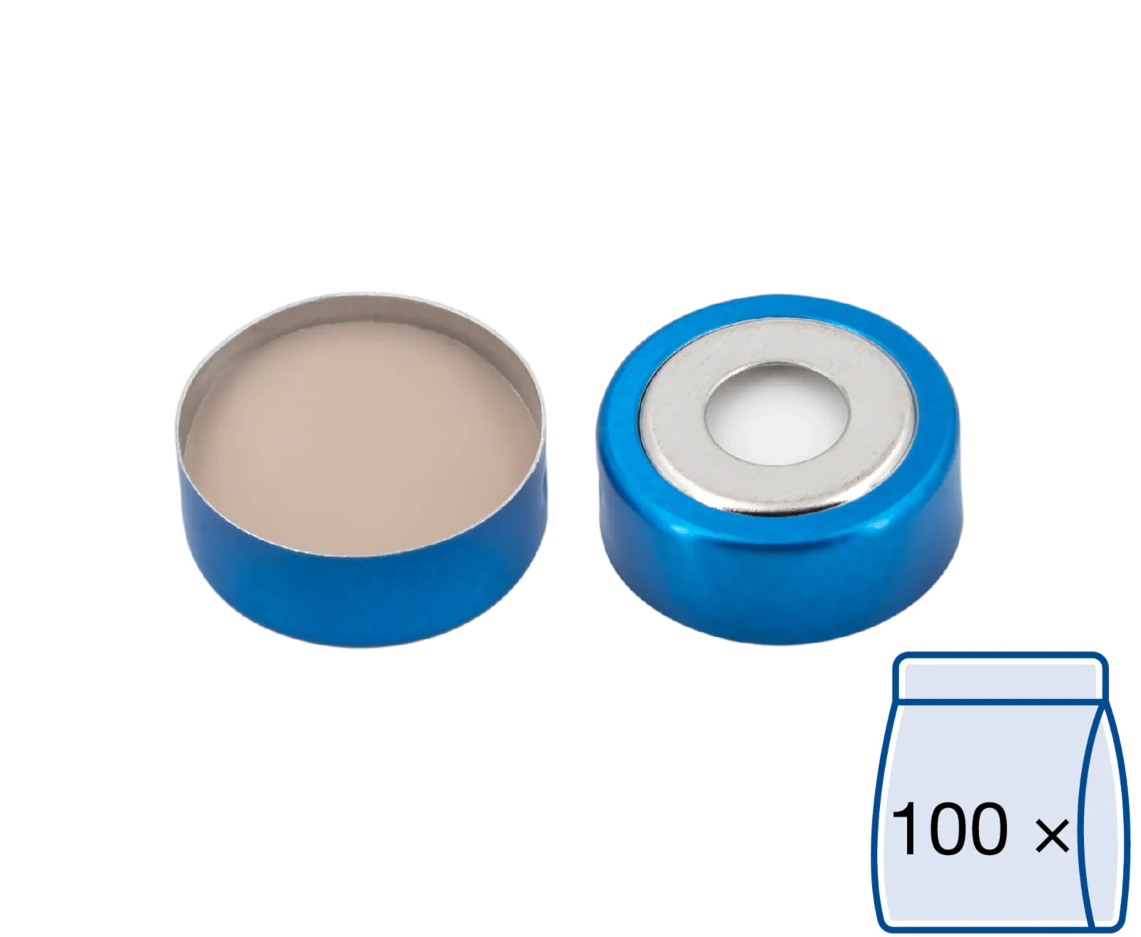 N 20 bimetal crimp cap, blue/silver, center hole Silicone white/PTFE beige Hardness: 45° shore A Thickness: 3 mm pack of 100