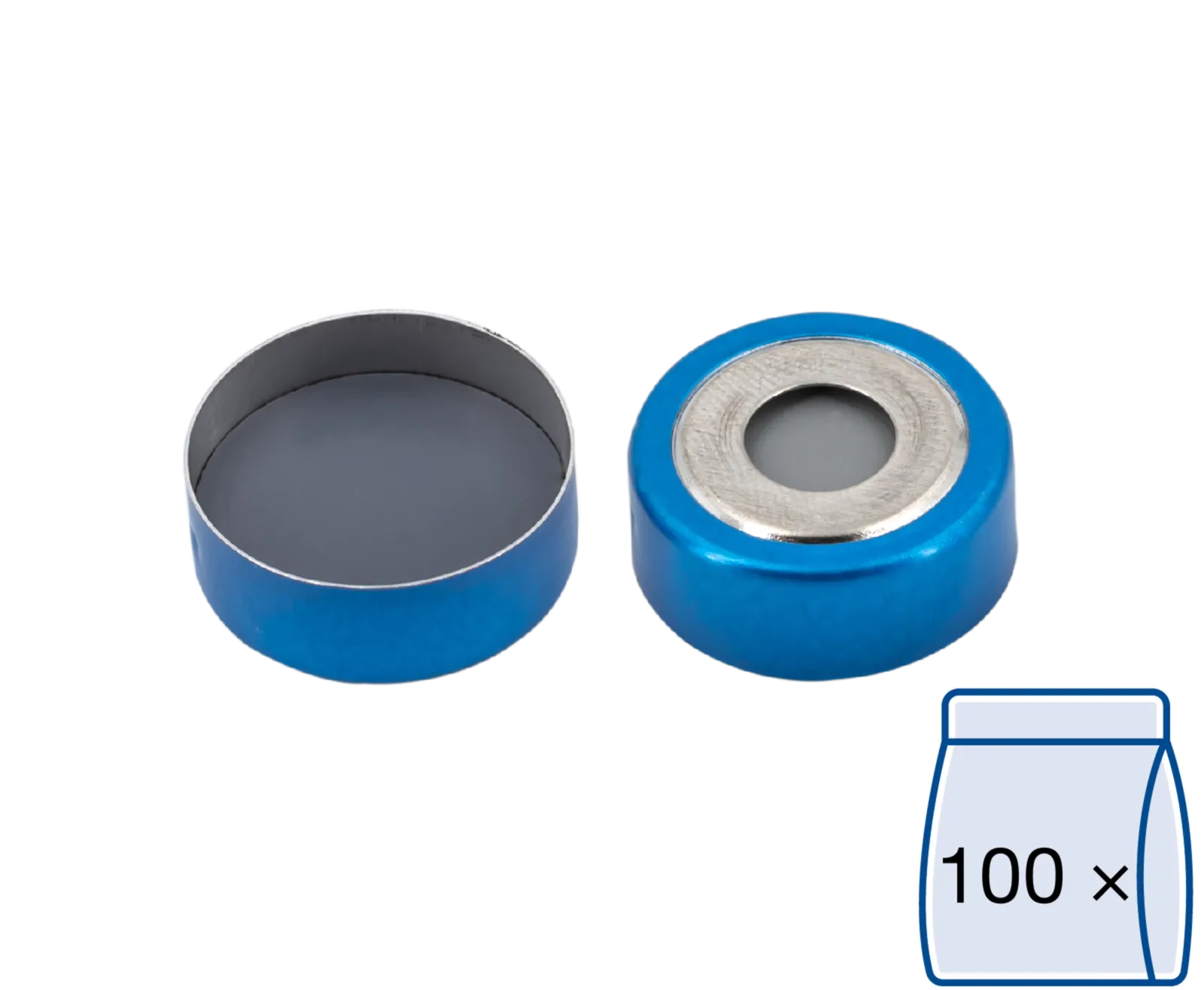 N 20 bimetal crimp cap, blue/silver, center hole Butyl light gray/PTFE dark gray Hardness: 50° shore A Thickness: 3 mm pack of 100