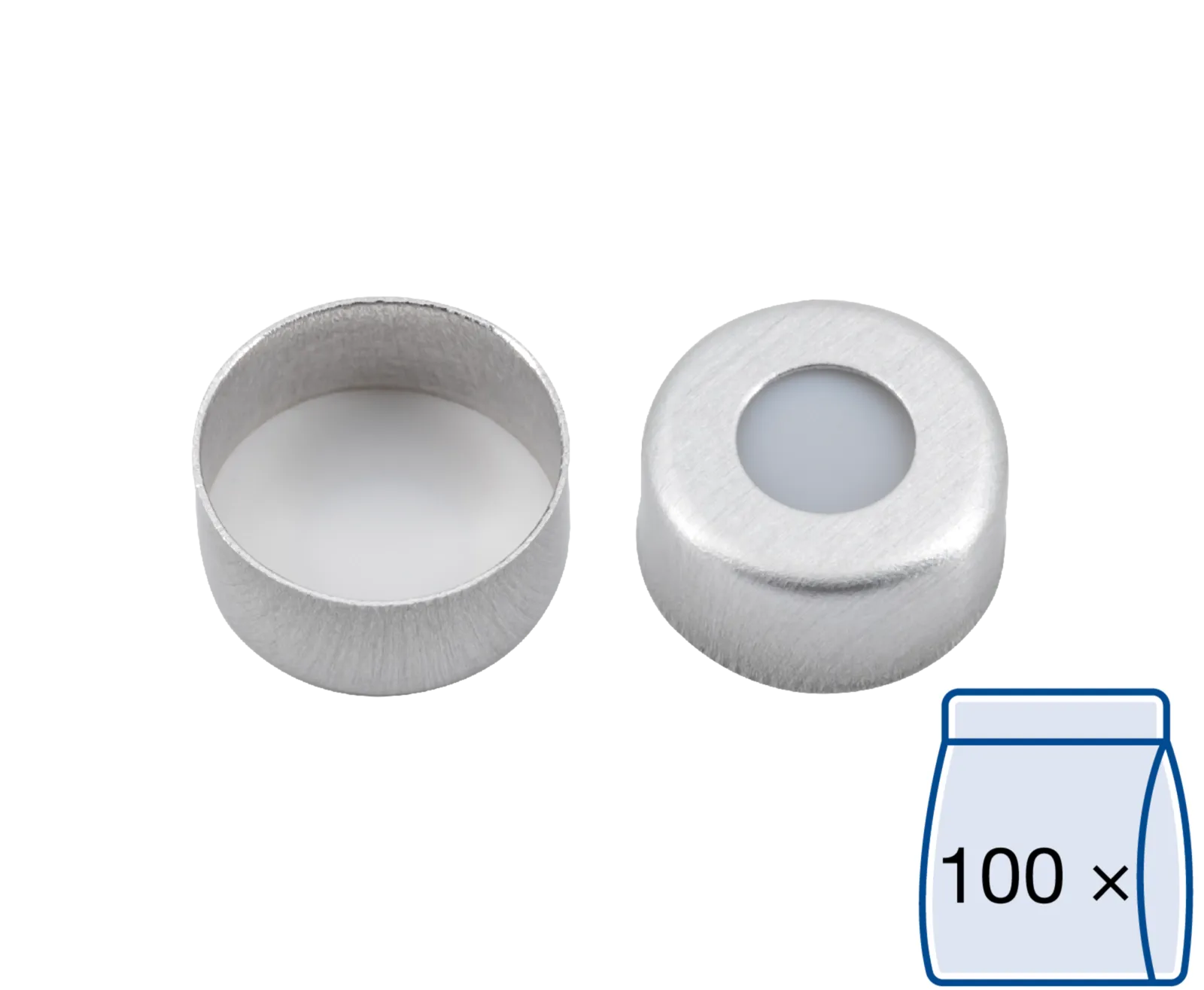 N 11 Aluminium crimp cap, silver, center hole PTFE virginal, white Hardness: 53° shore D Thickness: 0.25 mm pack of 100