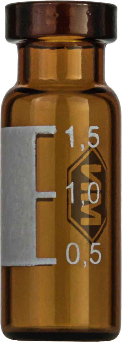 Combipack 702892: 1.5 mL Crimp Neck Vial N 11 amber with 70256 N 11 Aluminium Crimp Cap silver, center hole, Natural Rubber/Butyl red-orange/TEF colorless, Hardness: 45° shore A, Thickness: 1.0 mm, pack of 1000 each