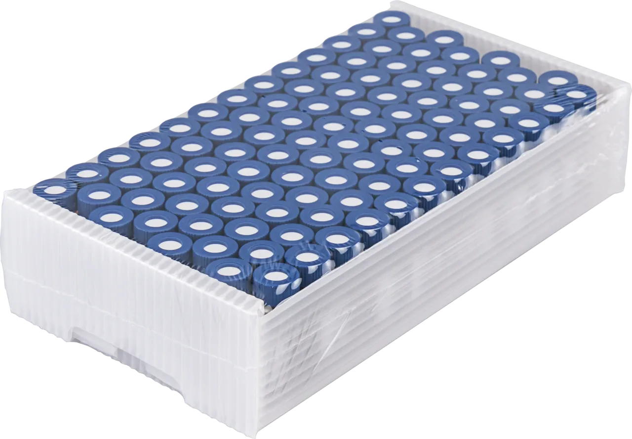 Pre-sealed vials 702283: 1.5 mL Screw Neck Vial N 9 clear, flat bottom, wide opening, label + scale pre-screwed with 702732 N 9 PP Screw Cap blue, center hole, Red Rubber/FEP colorless, Hardness: 45° shore A, Thickness: 1.0 mm, pack of 100