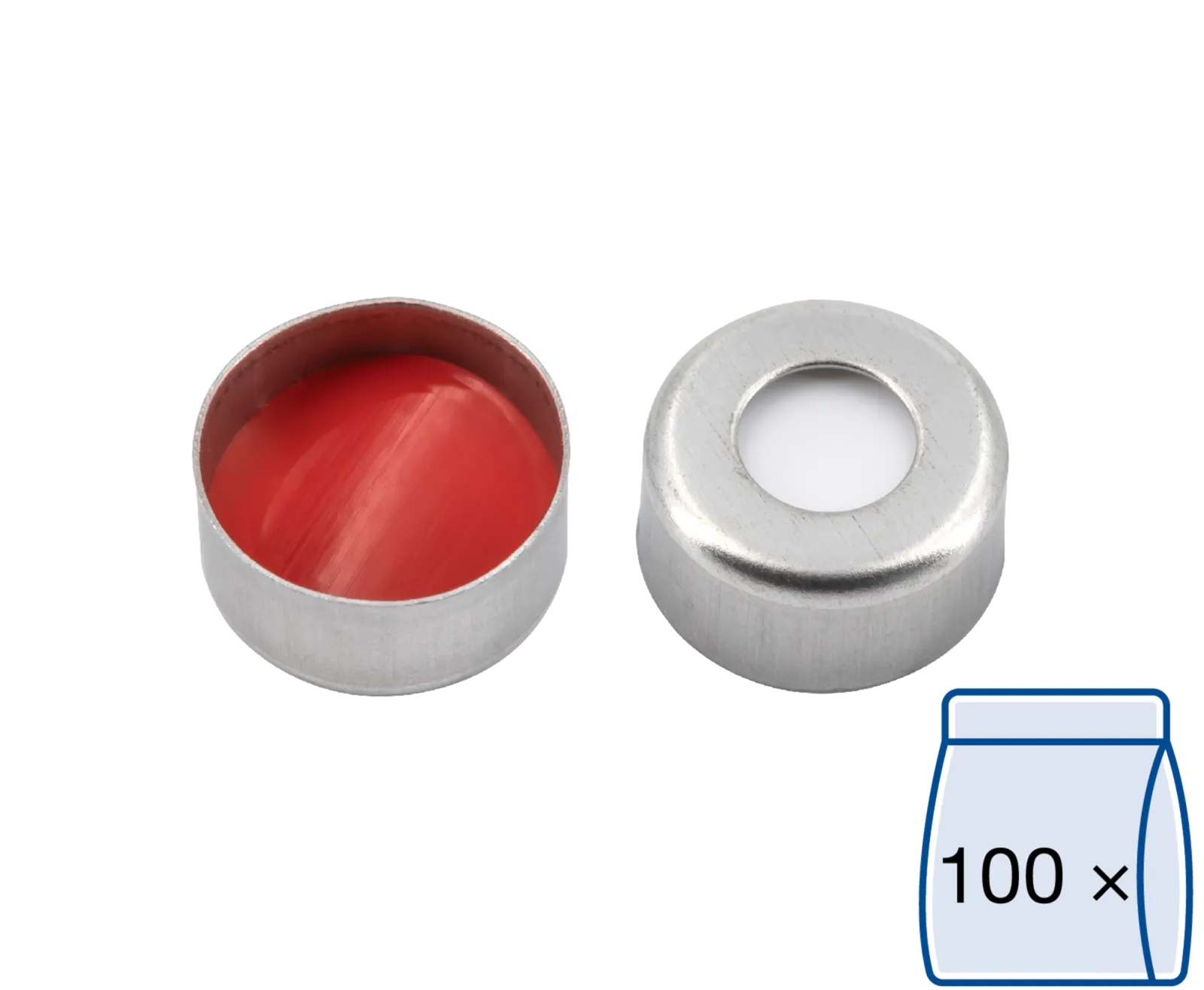 N 11 Magnetic crimp cap, silver, center hole Silicone white/PTFE red Hardness: 45° shore A Thickness: 1.0 mm pack of 100