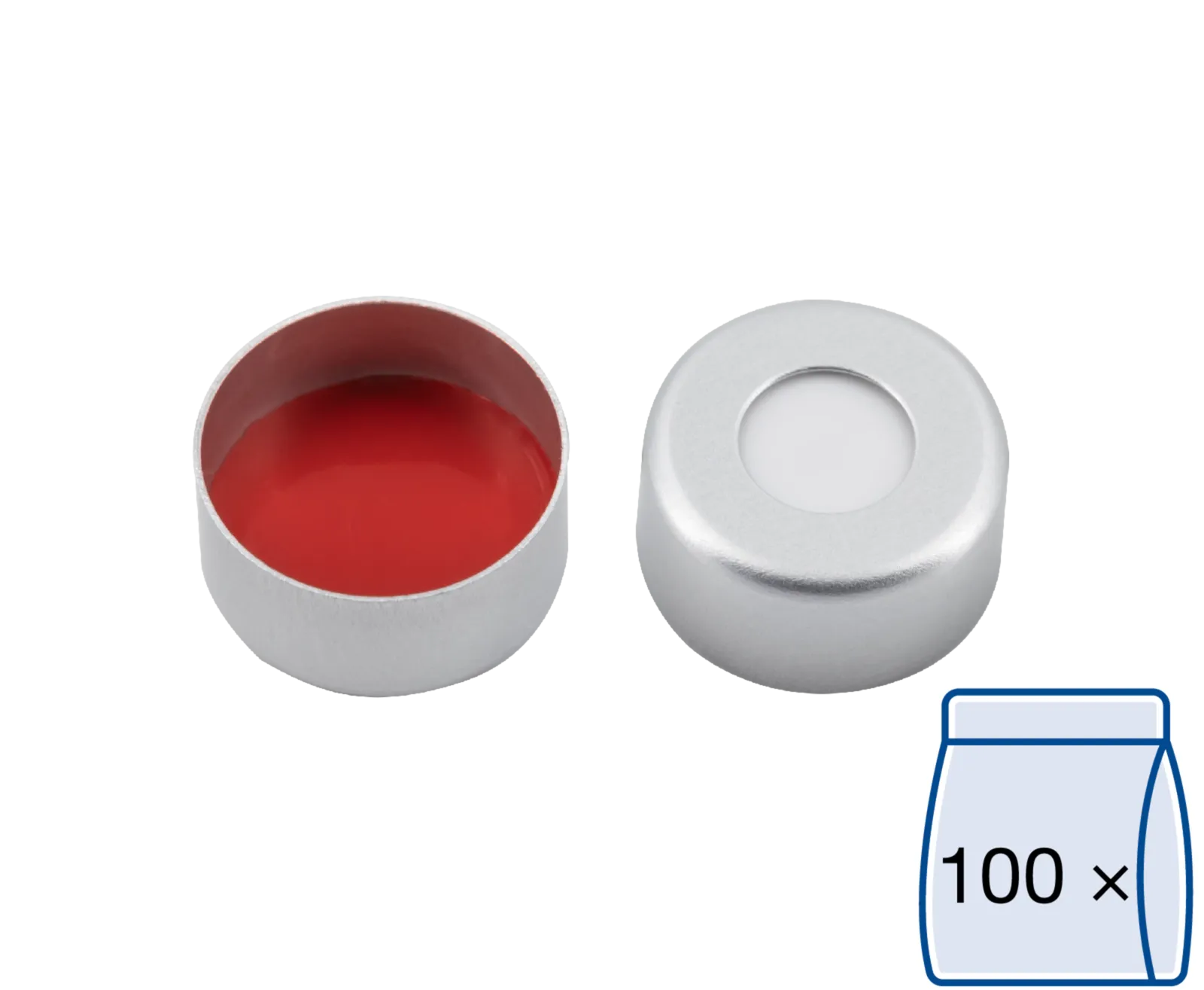 N 11 Aluminium crimp cap, silver, center hole Silicone white/PTFE red Hardness: 45° shore A Thickness: 1.3 mm pack of 100