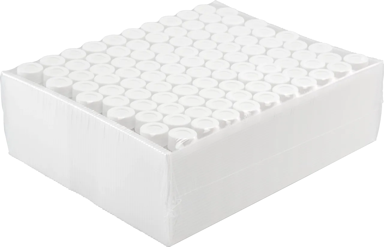 Pre-sealed vials 702021: 20 mL Screw Neck Vial N 24 clear, flat bottom pre-screwed with 702058 Bonded PP Screw Cap white, center hole, Silicone white/PTFE beige, Hardness 45° shore A, Thickness 3.2 mm, pack of 100