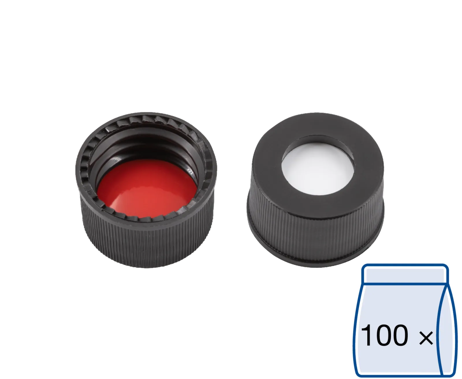 N 13 PP screw cap, black, center hole Silicone white/PTFE red Hardness: 45° shore A Thickness: 1.3 mm pack of 100