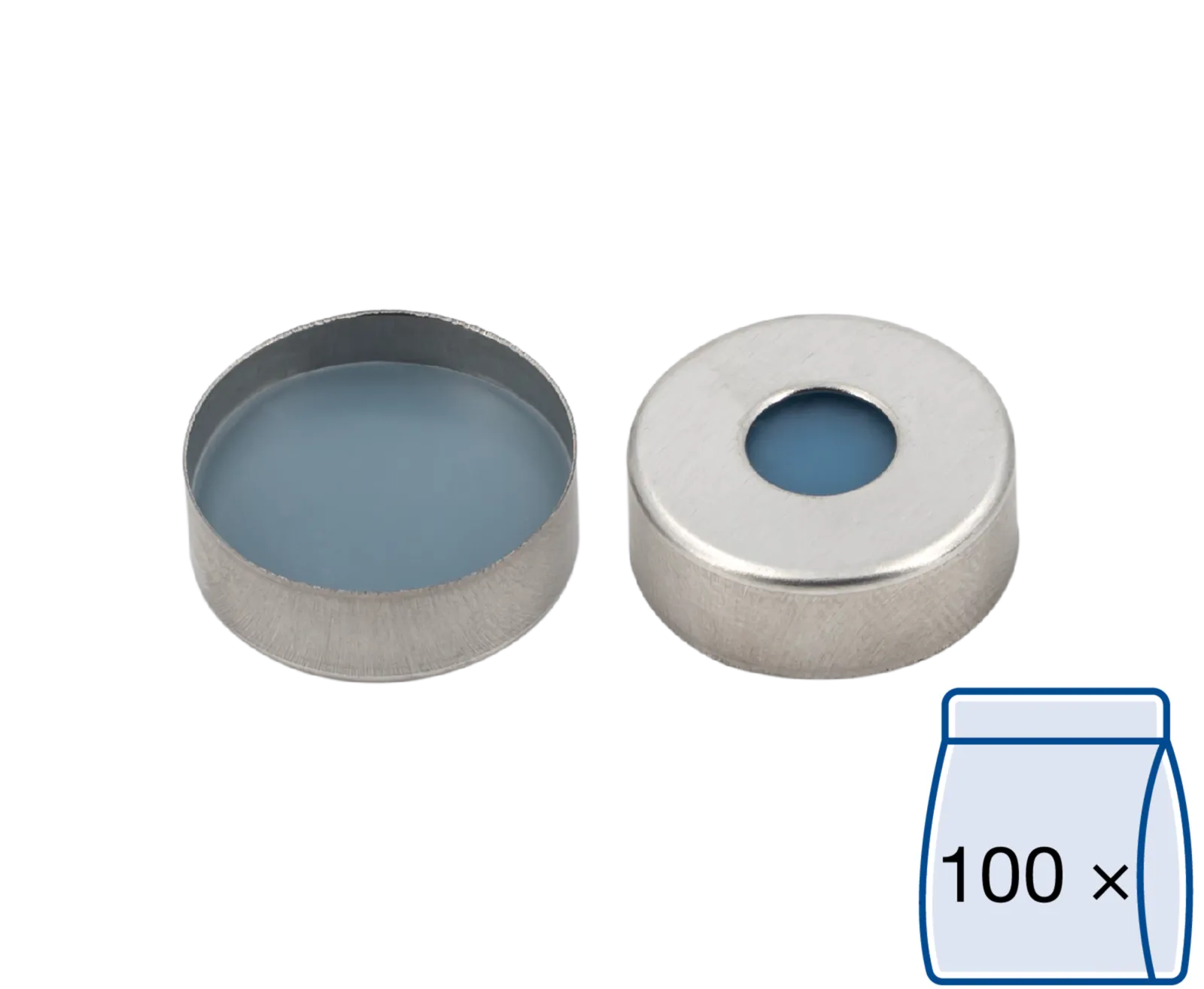 N 20 Magnetic crimp cap, silver, 8 mm center hole Silicone blue transparent/PTFE colorless Hardness: 45° shore A Thickness: 3 mm pack of 100