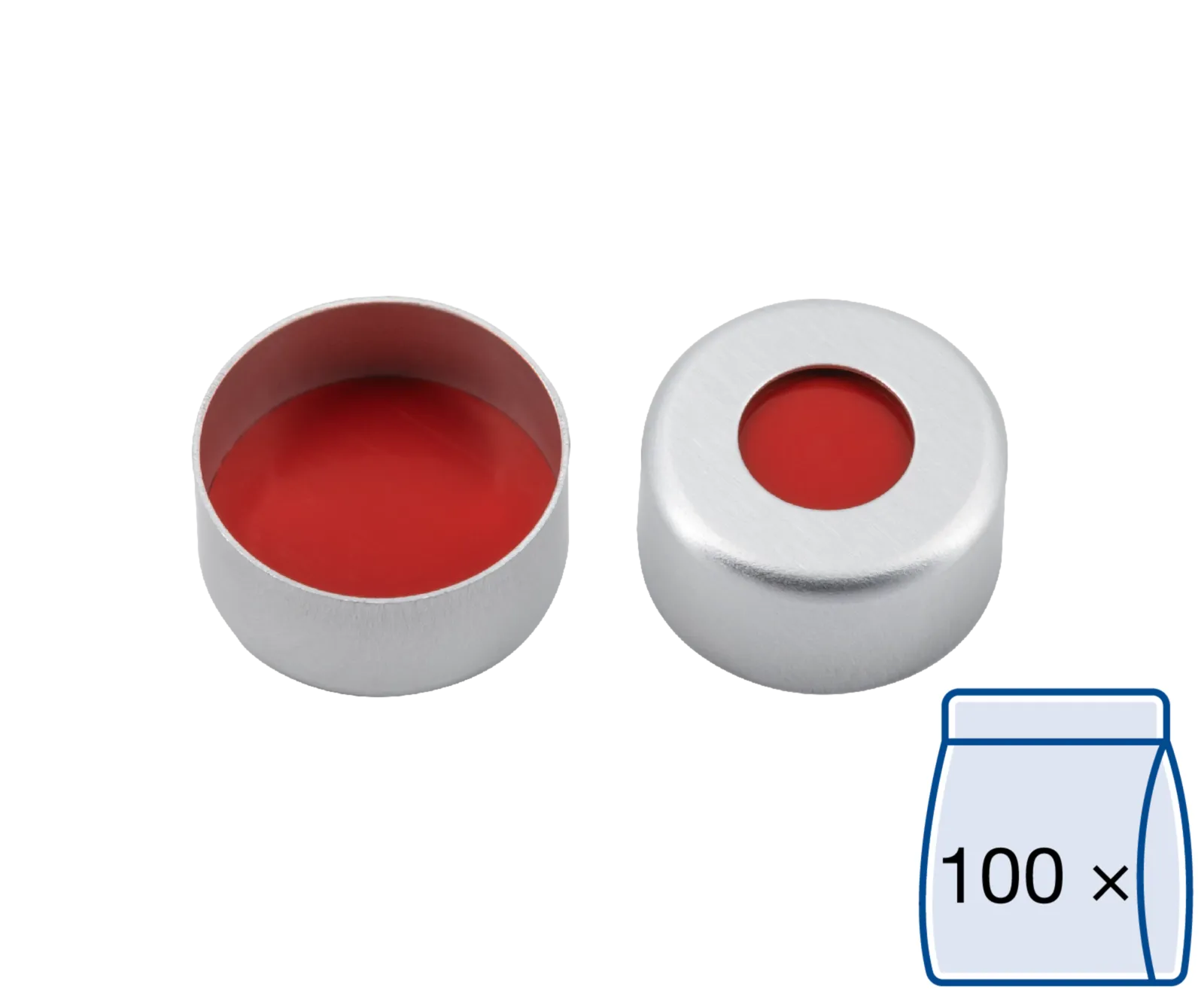 N 11 Aluminium crimp cap, silver, center hole PTFE red/Silicone white/PTFE red Hardness: 50° shore A Thickness: 1.0 mm pack of 100