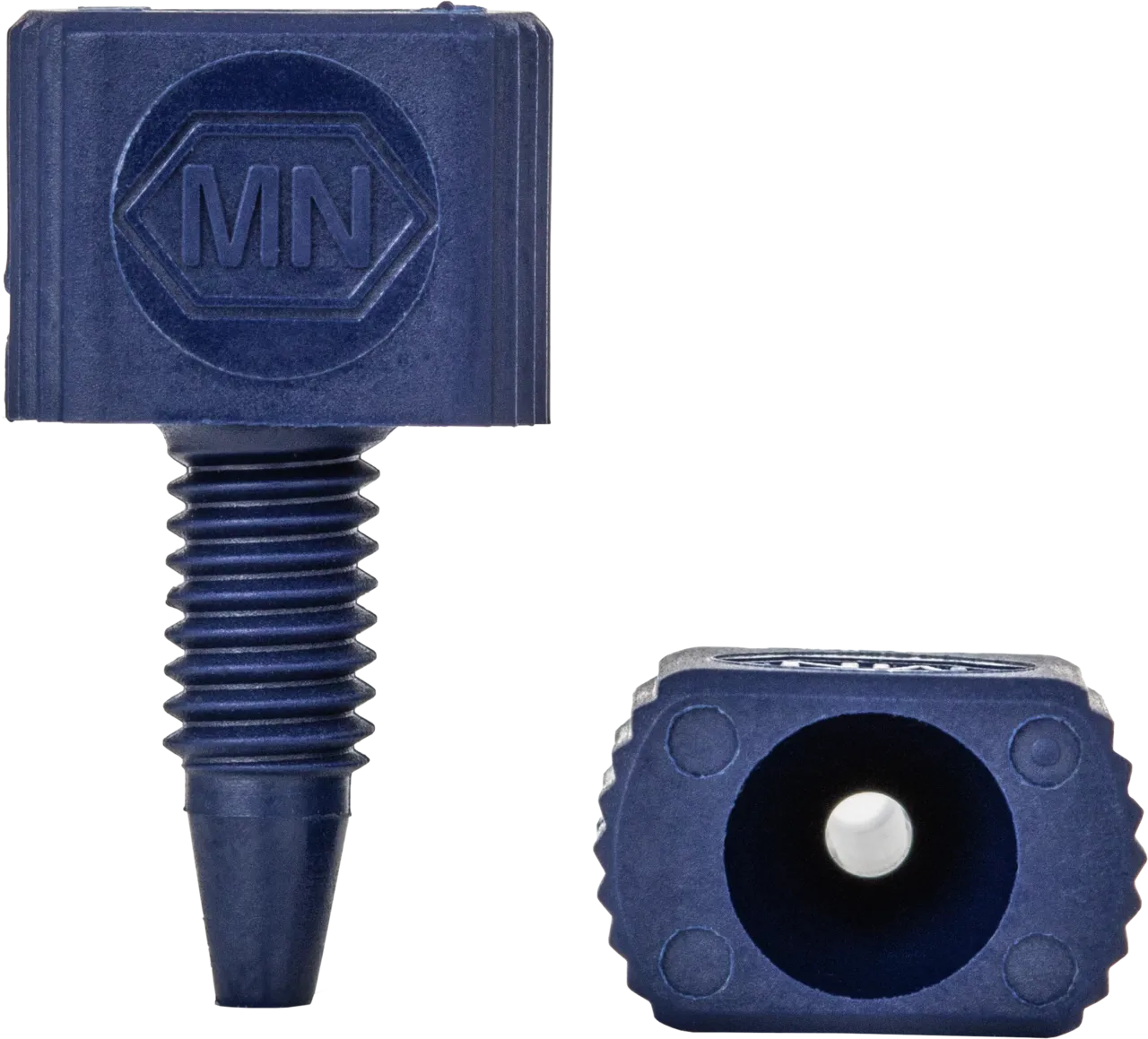 Fingertight fitting 1/16" PEEK one-piece blue, 10-32, double sided MN Logo pack of 5