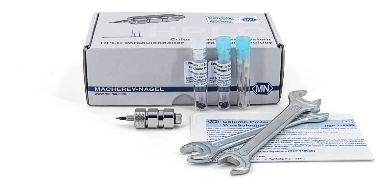 Column Protection System: Guard Column Holder for EC 4 × 2 mm and 4 × 3 mm guard columns, with capillaries, ferrules, wrenches, and user manual