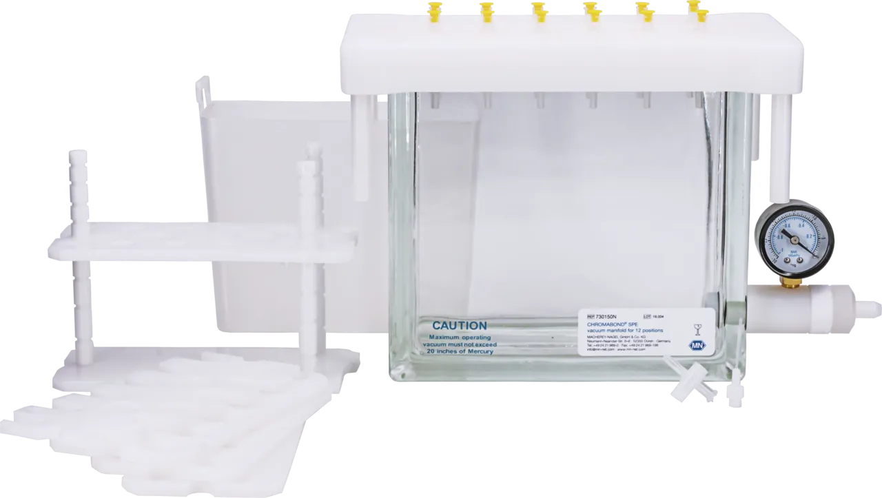 CHROMABOND SPE vacuum manifold, 12 positions, glass cabinet with lid, luer fittings, feet, lid gasket, exchangeable PP-needles, vacuum gauge, control valve, Luer valves and caps, PP tank, variable rack with 6 plates