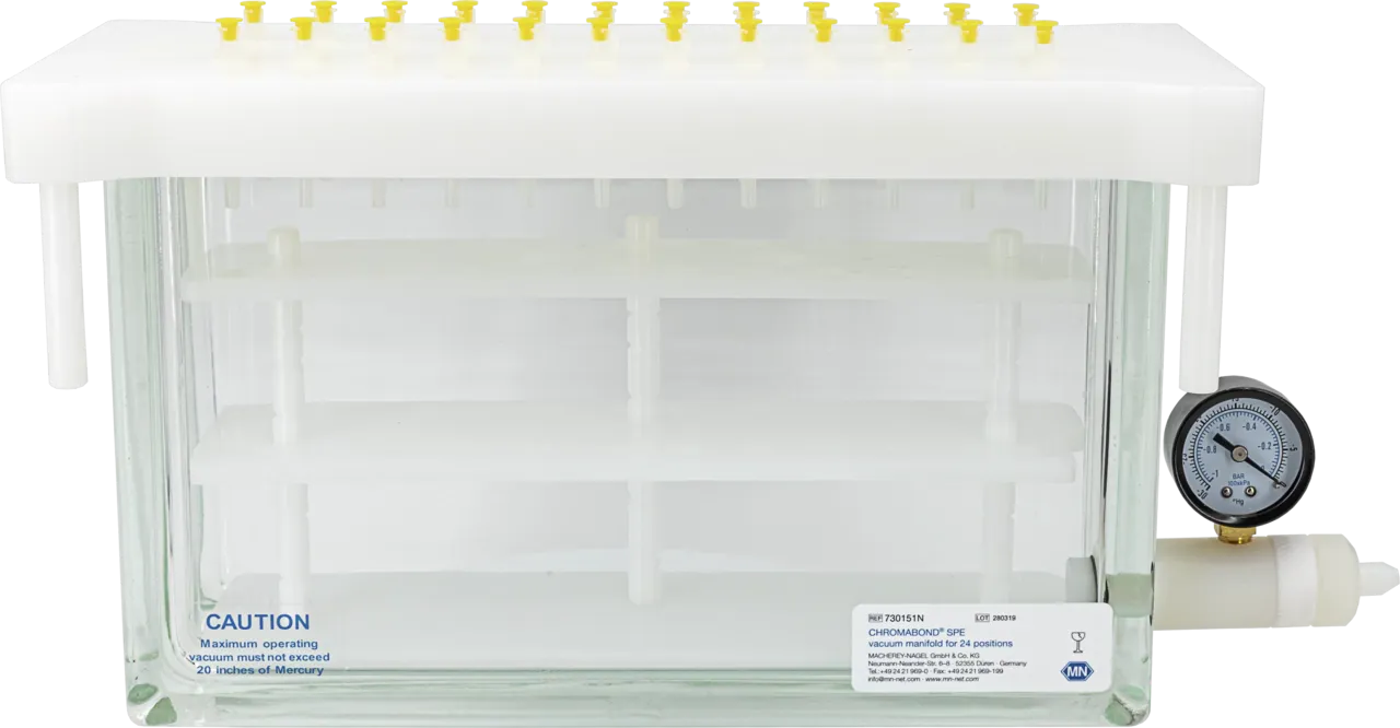 CHROMABOND SPE vacuum manifold, 24 positions, glass cabinet with lid, luer fittings, feet, lid gasket, exchangeable PP-needles, vacuum gauge, control valve, Luer valves and caps, PP tank, variable rack with 4 plates