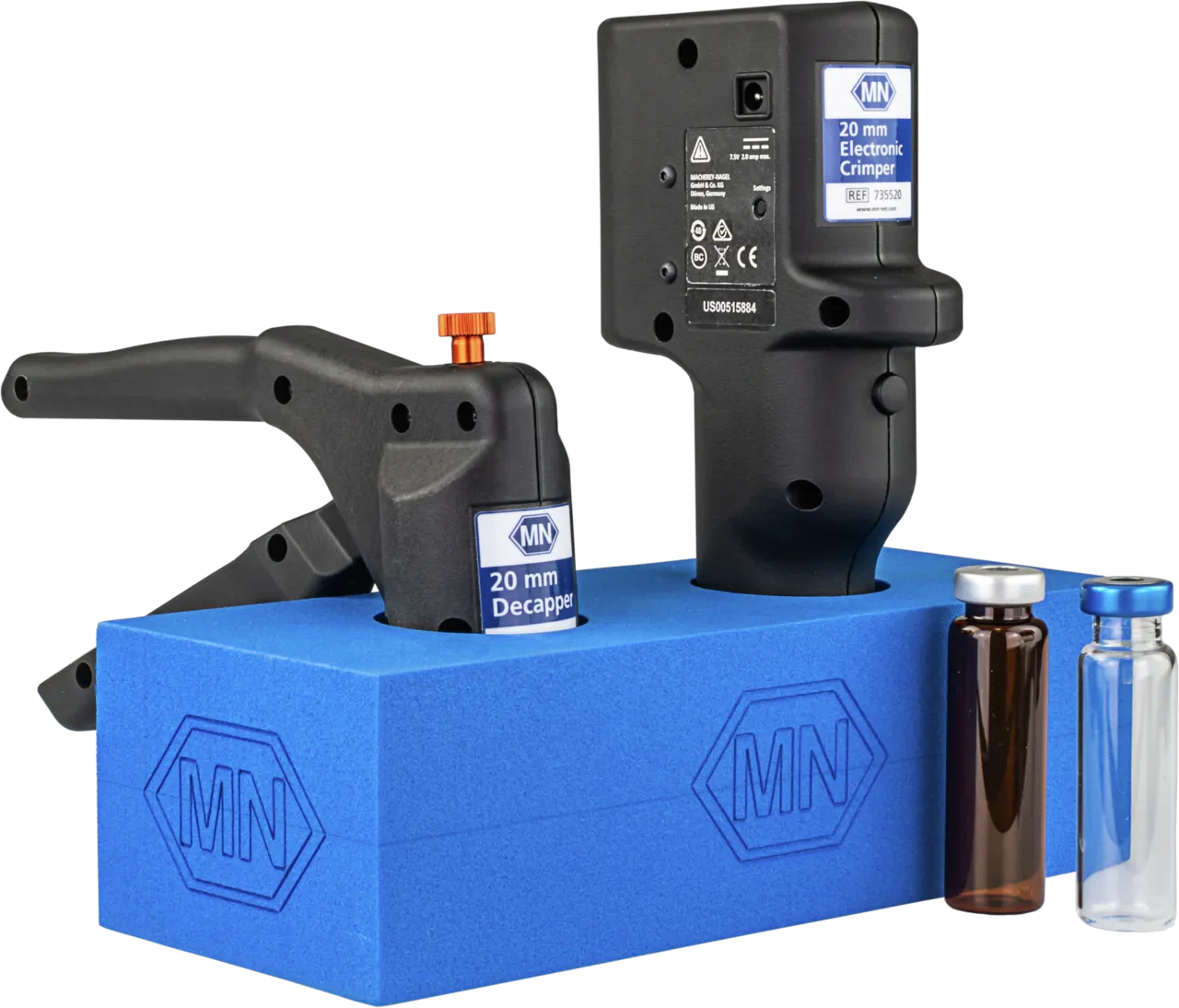Rack for 2 crimping tools either of type ergonomic crimping tool (manual) or of type battery-powered electronic crimping tool blue, with MN logo, Dimensions approx. 240 x 95 x 65 mm pack of 1