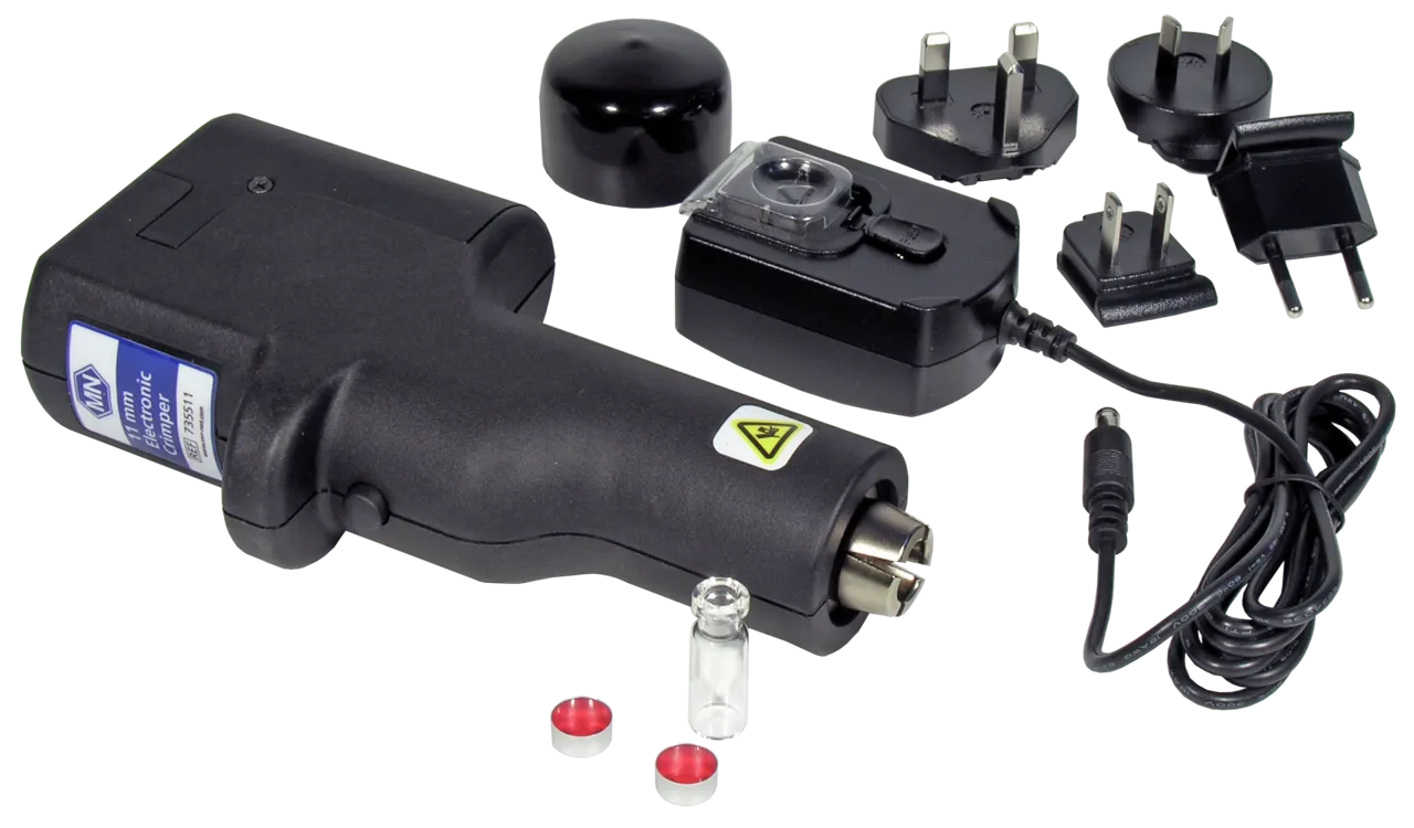 Electronic crimper (version 1802/6A) for 11 mm Aluminium Caps 6.6 Volt, with charging supply and plug set pack of 1