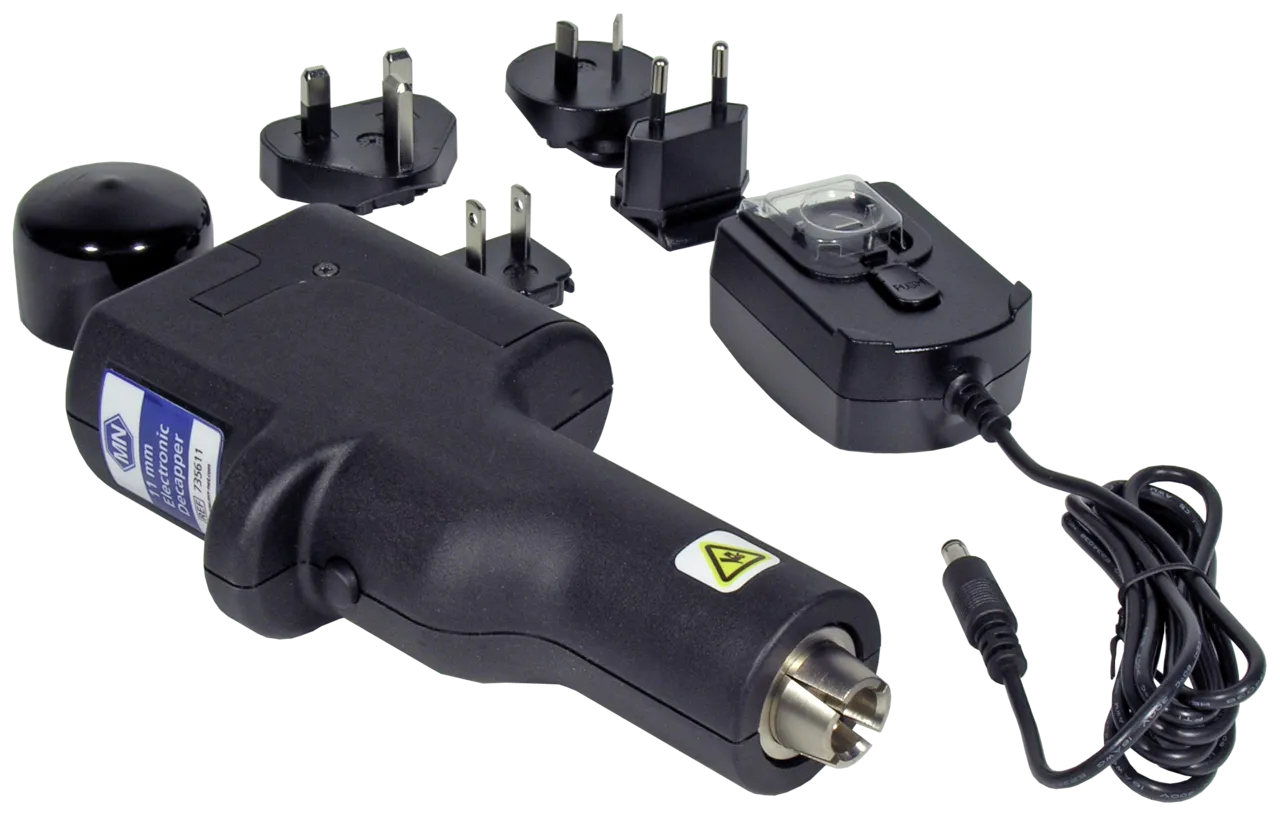 Electronic decapper (version 1802/6A) for 11 mm Aluminium Caps 6.6 Volt, with charging supply and plug set pack of 1