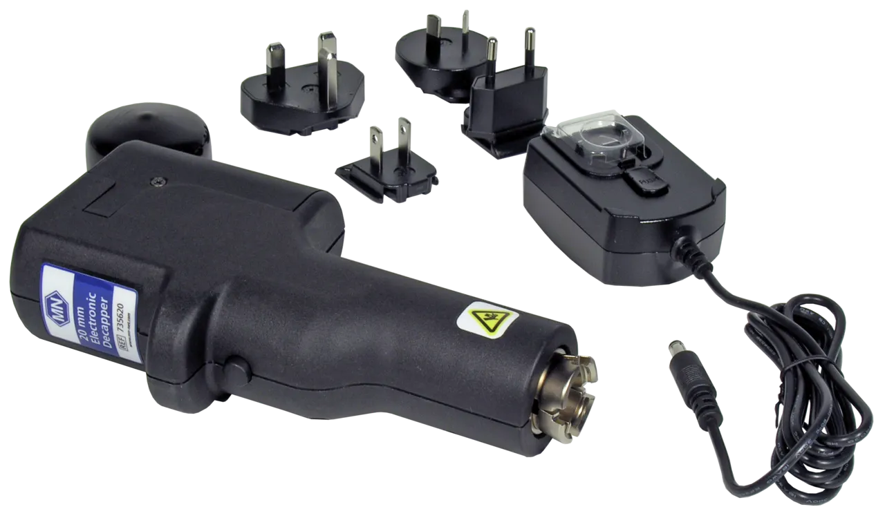Electronic decapper (version 1802/6A) for 20 mm Aluminium Caps 6.6 Volt, with charging supply and plug set pack of 1