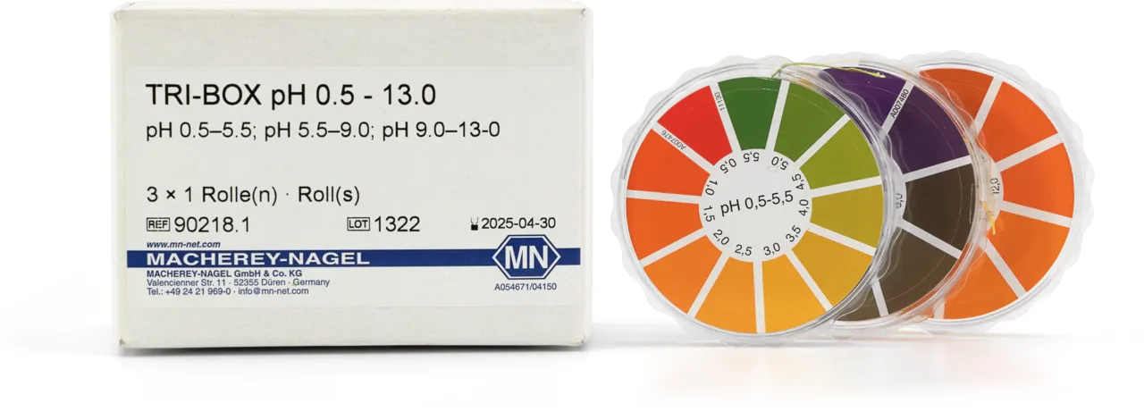 TRI-BOX pH 0.5 - 13.0 Containing of one reel each special indicator paper pH 0.5-5.5,pH 5.5-9.0,pH 9.0-13.0 reel of 5 m length, width: 7 mm in carton box