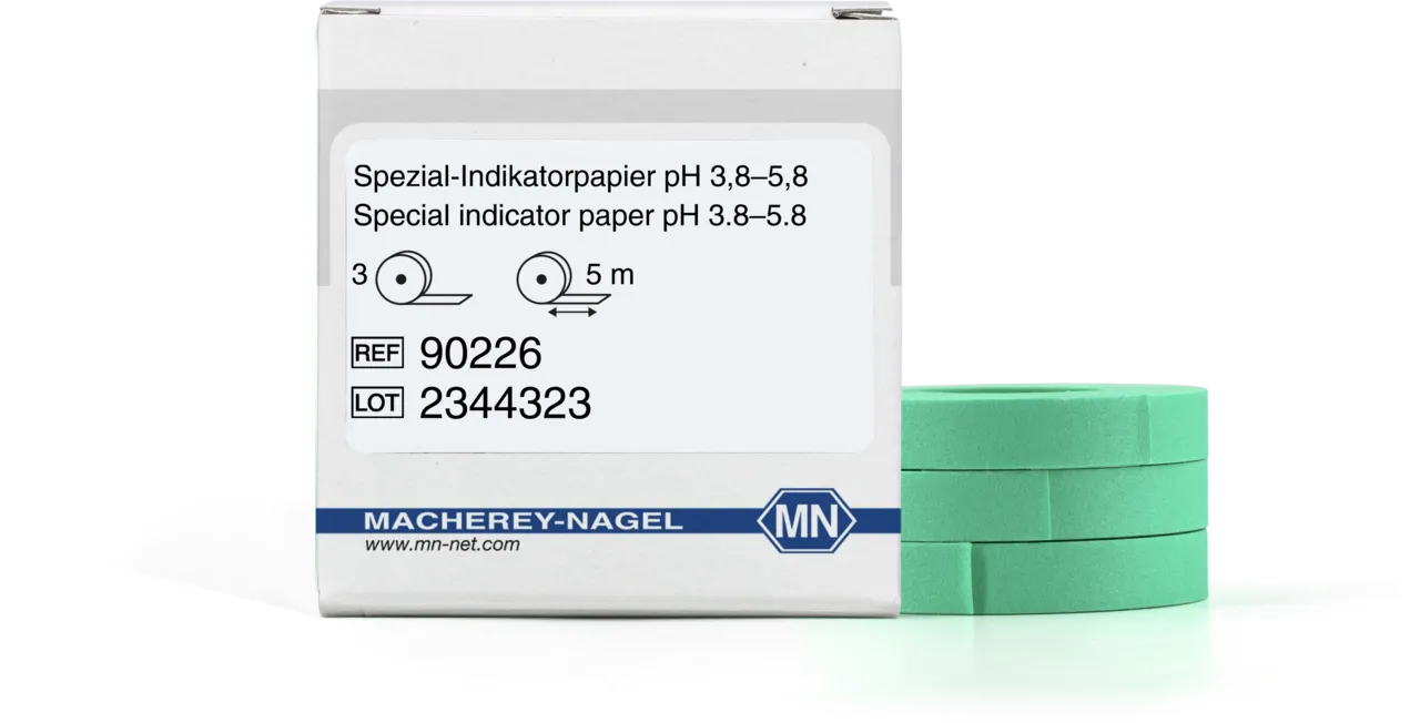 Special indicator paper pH 3.8-5.8 test paper - refill pack of 3 reels - measuring range: pH <(><<)>3.8-3.8-4.1-4.3- 4.5-4.7-4.9-5.2-5.5-5.8>5.8 reel of 5 m length x 7 mm width