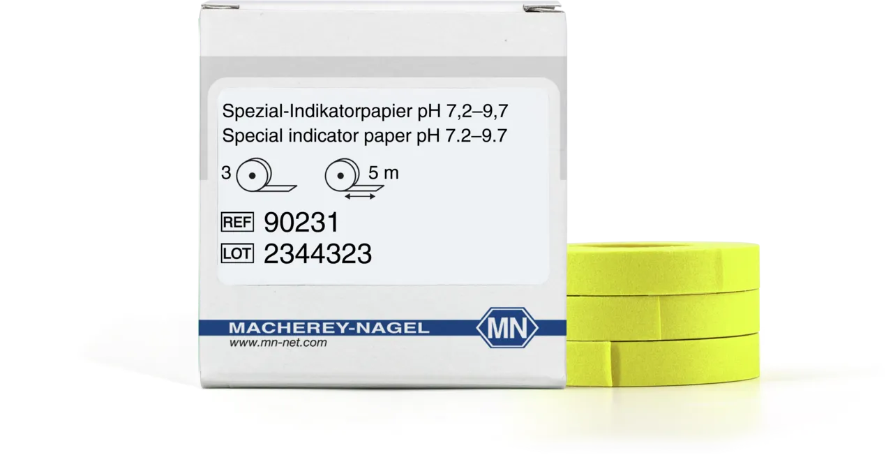 Special indicator paper pH 7.2-9.7 test paper - refill pack of 3 reels - measuring range: pH <(><<)>7.2-7.2-7.5-7.8-8.1- 8.4-8.7-9.0-9.3-9.7>9.7 reel of 5 m length x 7 mm width