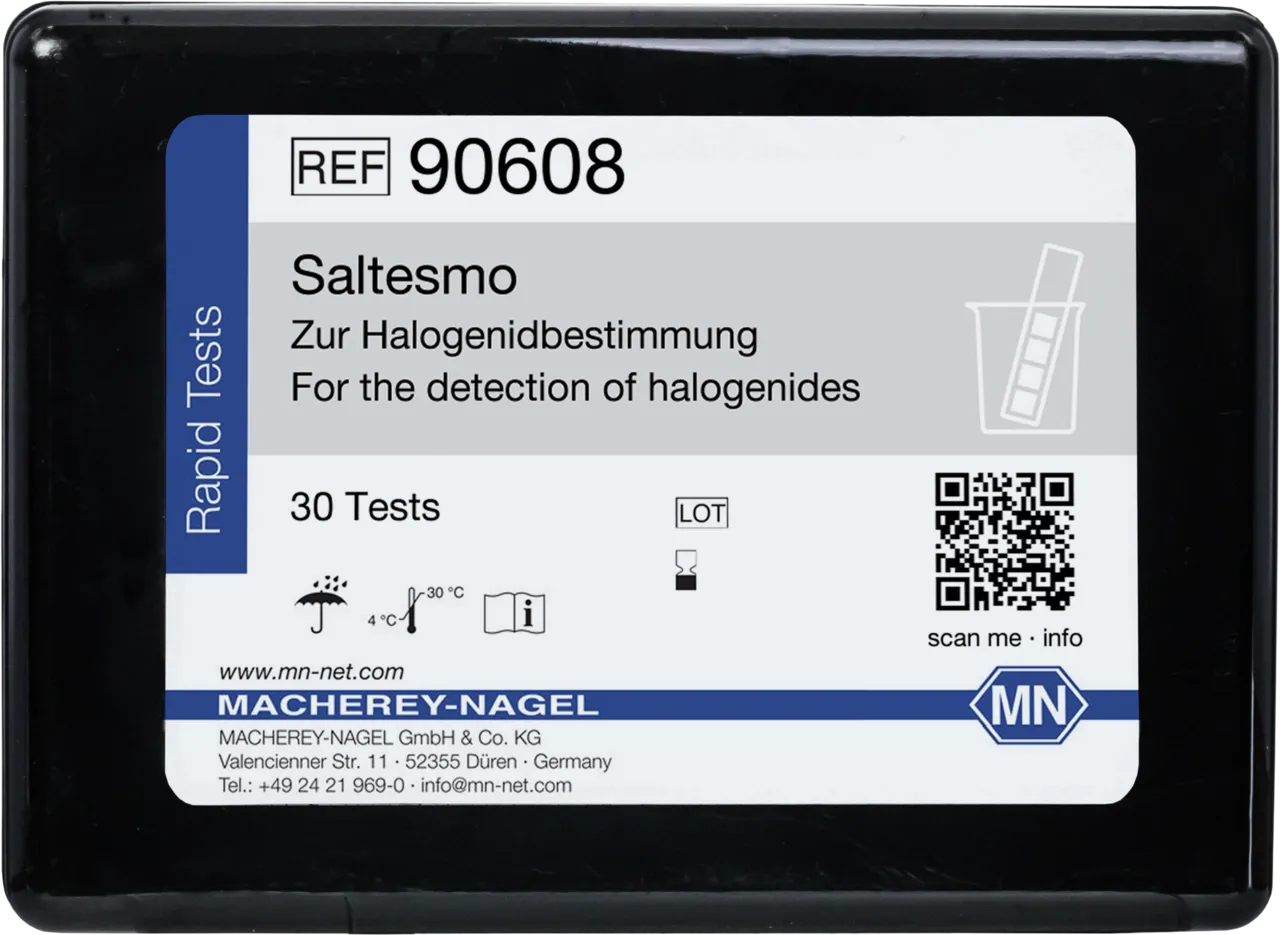 SALTESMO determination of halogenide ions incl. color chart and needle box of 30 test discs